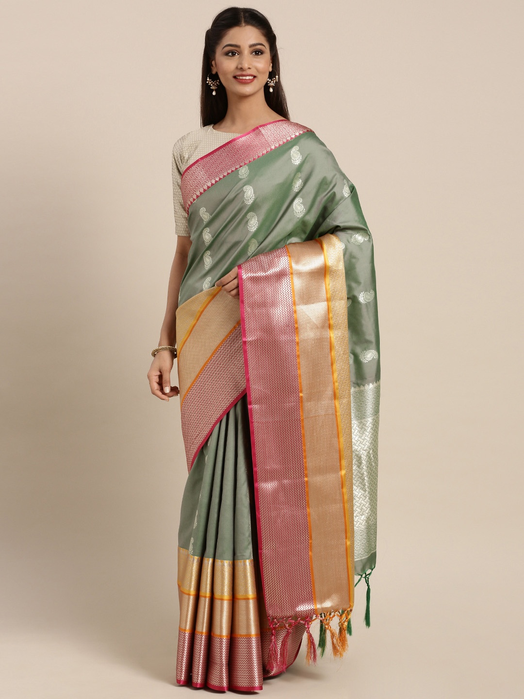 

Varkala Silk Sarees Olive Green & Pink Kanjeevaram Traditional Saree