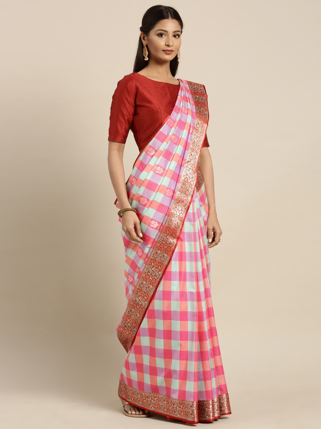 

Varkala Silk Sarees Women Multi-Coloured Silk Blend Checked Kanjeevaram Saree