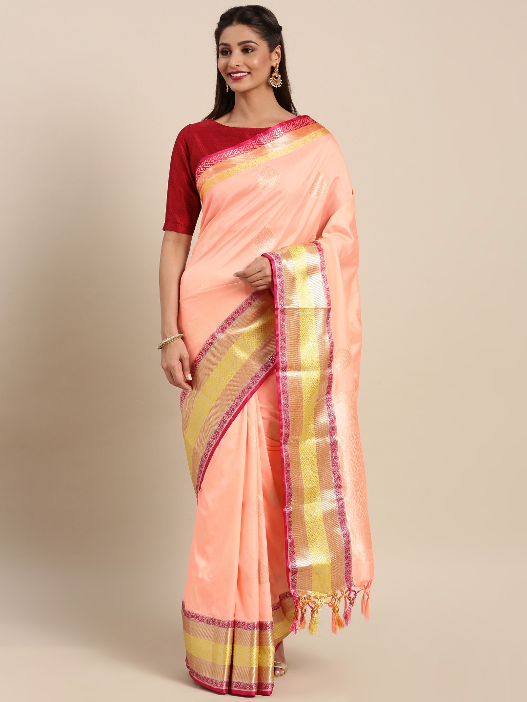

Varkala Silk Sarees Peach-Coloured Silk Blend Woven Design Kanjeevaram Saree