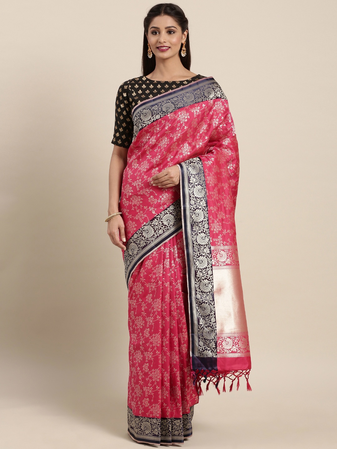 

Varkala Silk Sarees Pink & Navy Blue Silk Blend Woven Design Kanjeevaram Saree