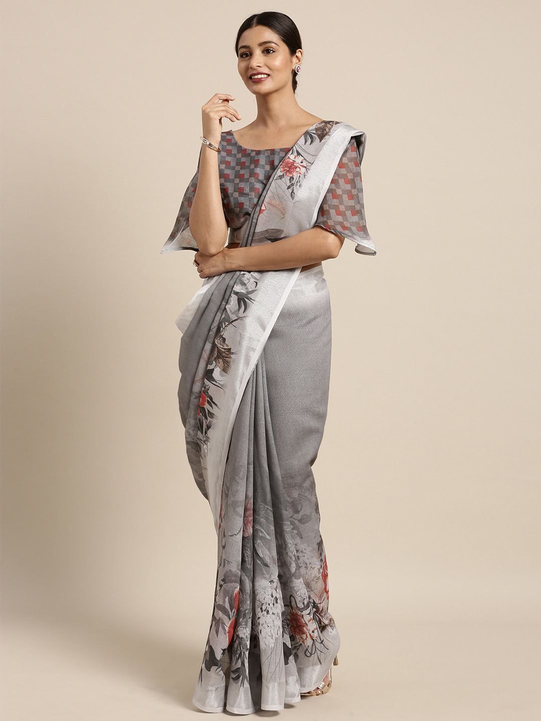

Kvsfab Grey & Rust Red Printed Linen Blend Saree