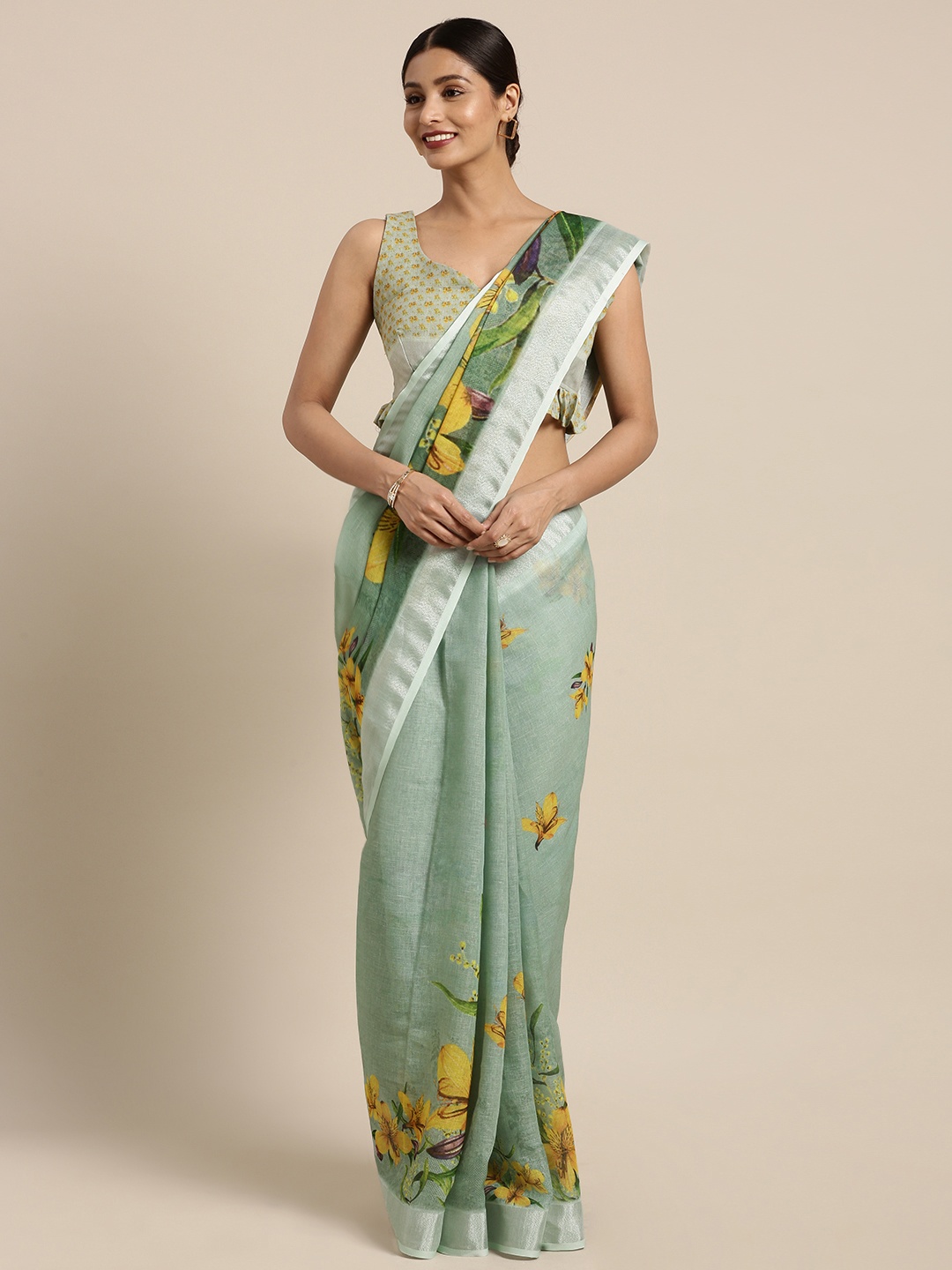 

Kvsfab Green Printed Linen Blend Saree