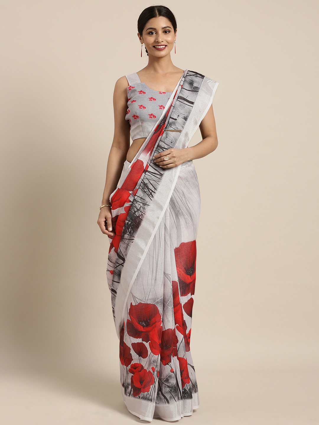 

Kvsfab Grey & Red Printed Linen Blend Saree