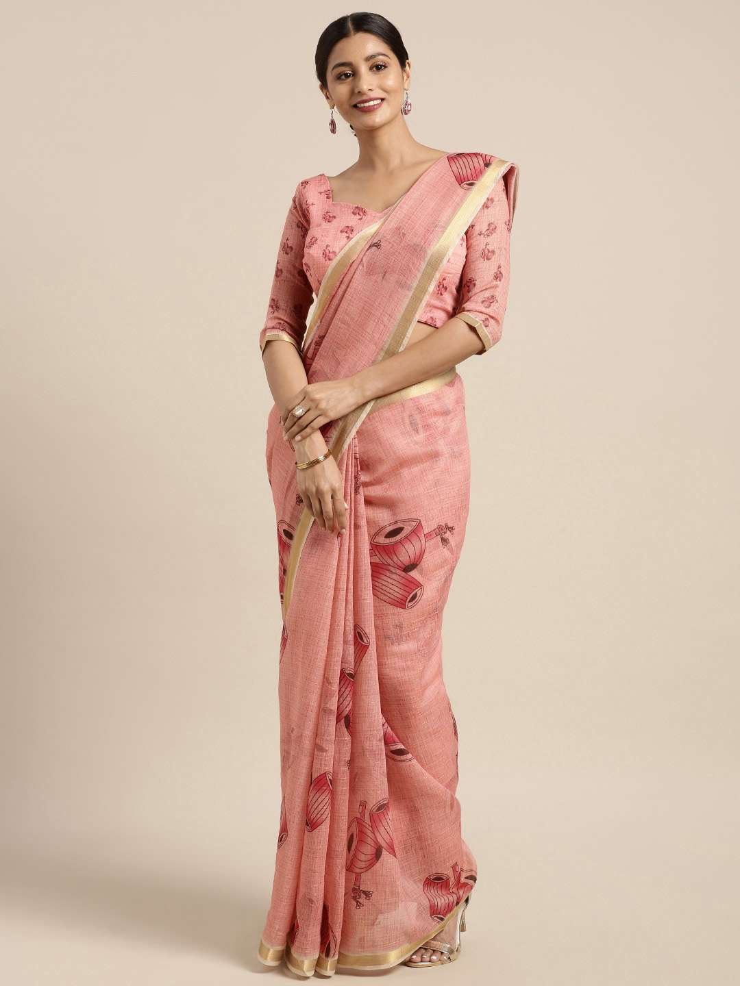 

Kvsfab Red & Pink Printed Linen Blend Saree