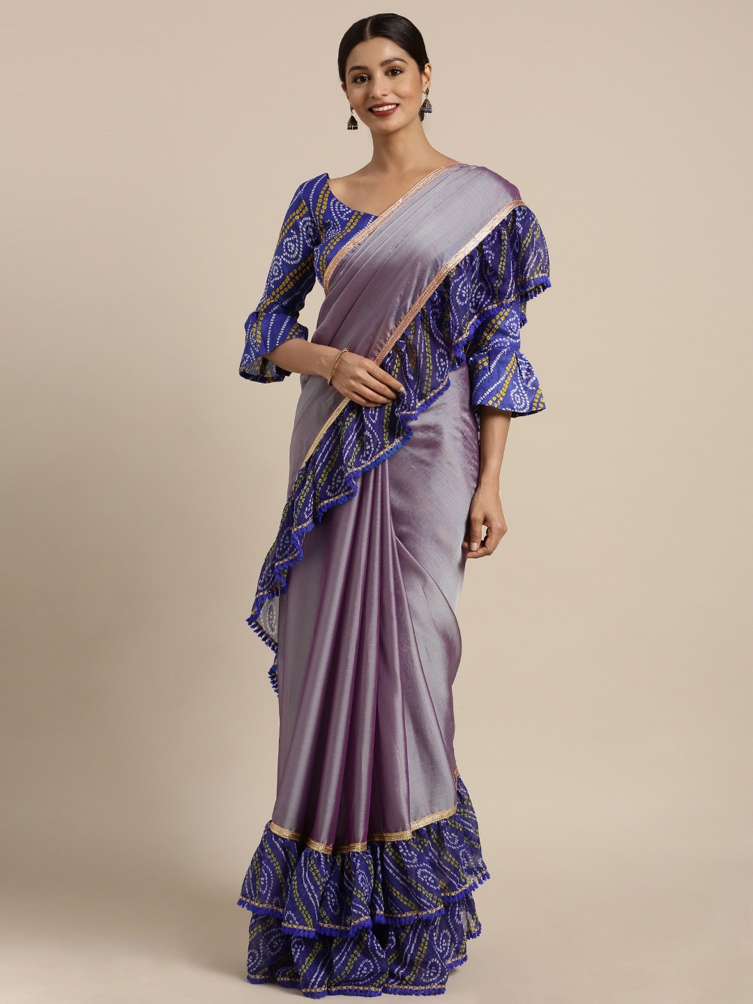 

Kvsfab Grey & Blue Poly Chiffon Solid Bandhani Saree