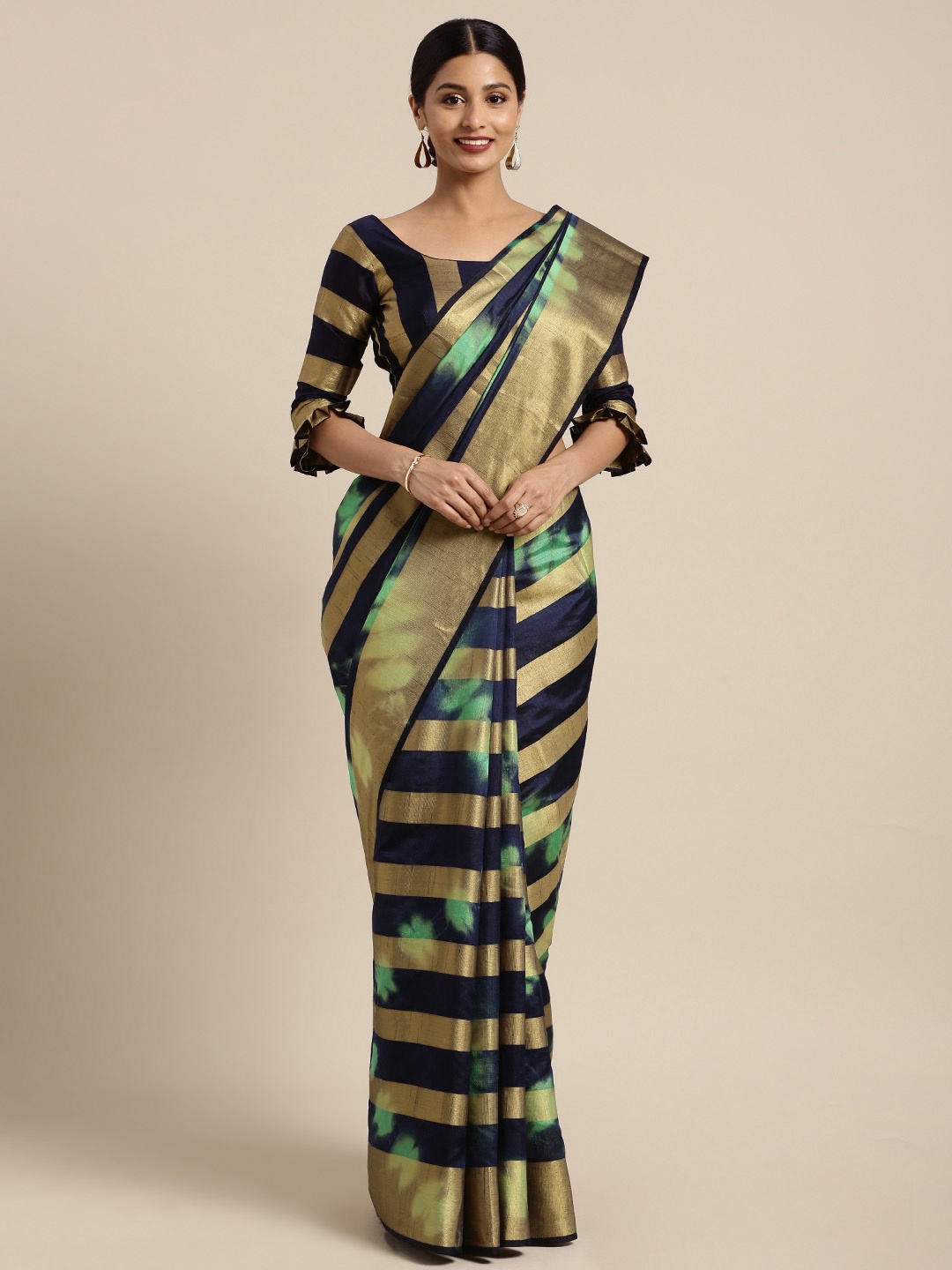 

Kvsfab Navy Blue & Gold-Coloured Woven Design Cotton Blend Saree, Green