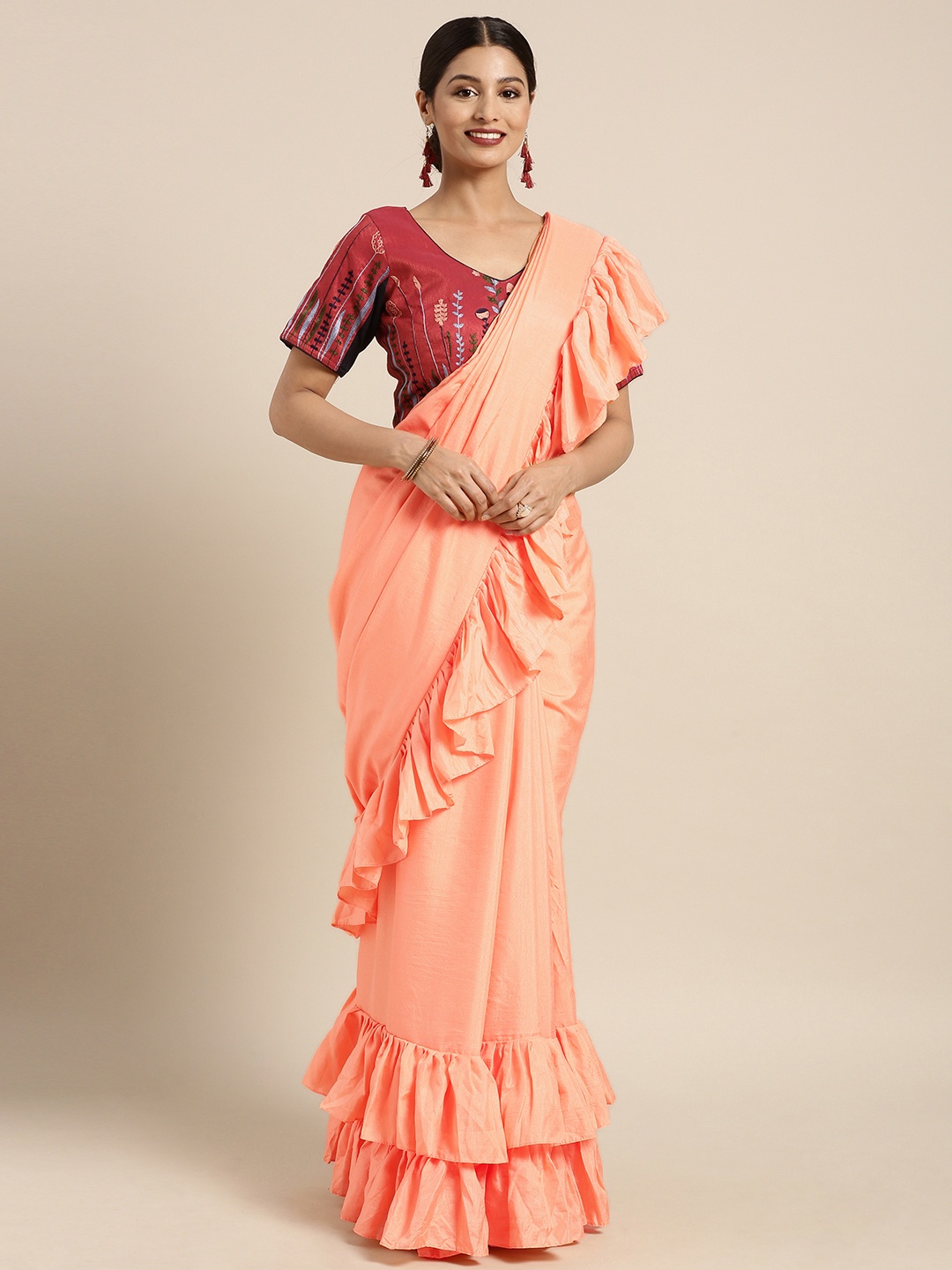 

Kvsfab Maroon & Red Silk Blend Solid Saree, Peach