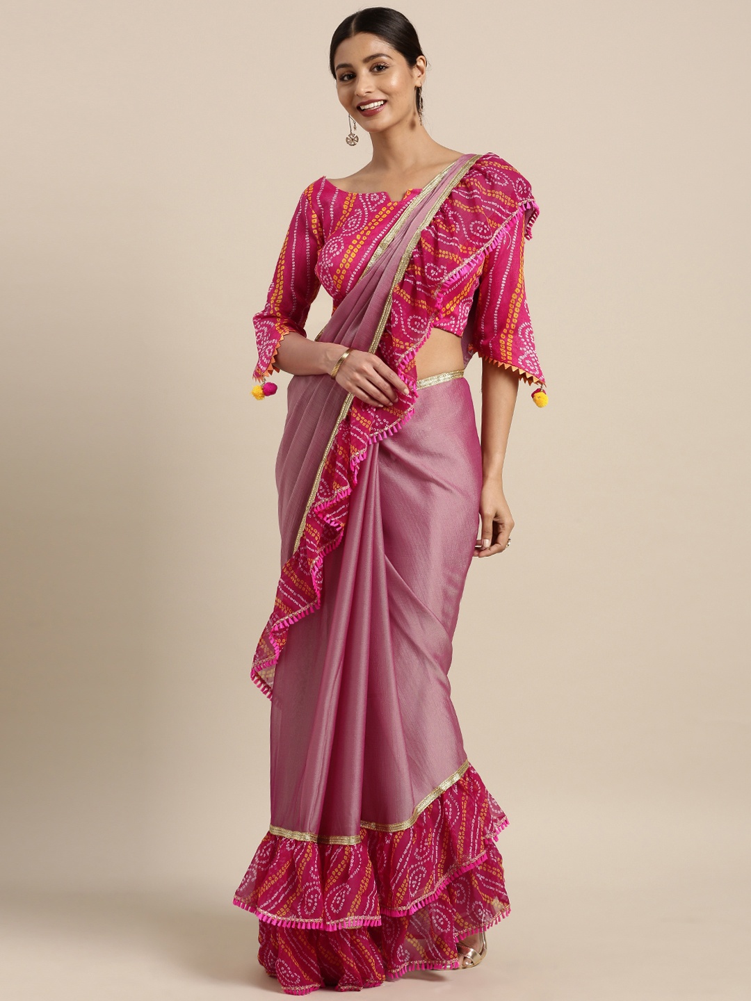 

Kvsfab Pink Poly Chiffon Solid Bandhani Saree