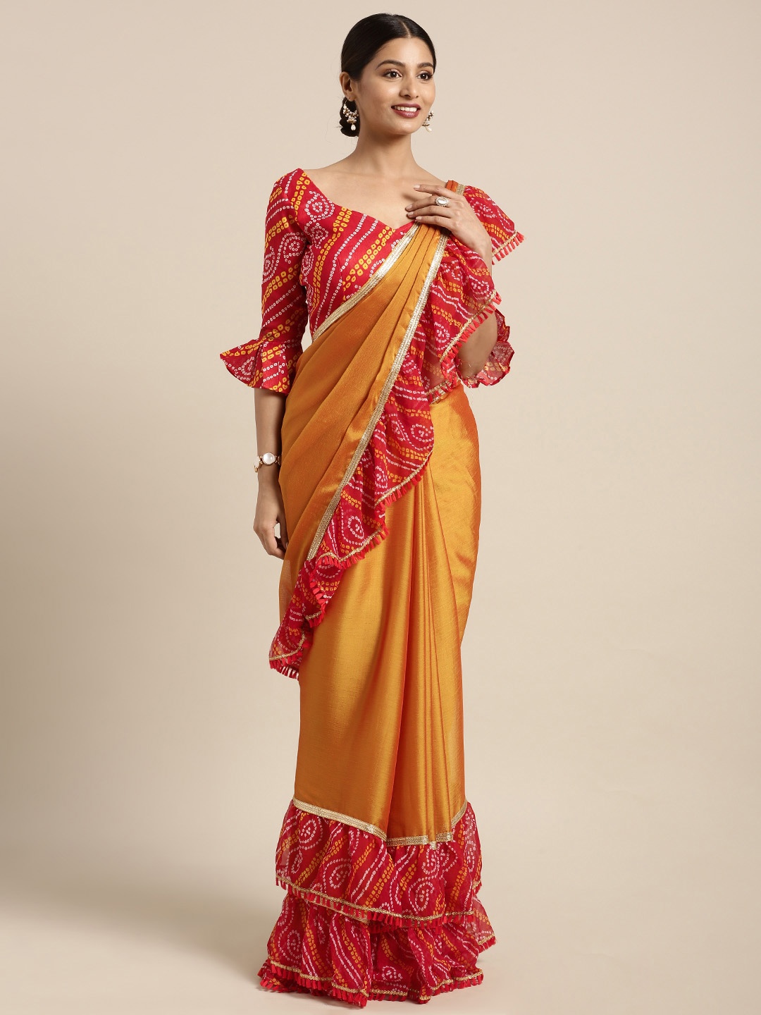 

Kvsfab Mustard Yellow & Red Poly Chiffon Printed Bandhani Saree