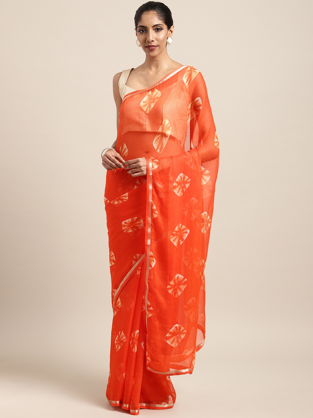 

Satrani Orange Poly Chiffon Printed Bandhani Saree