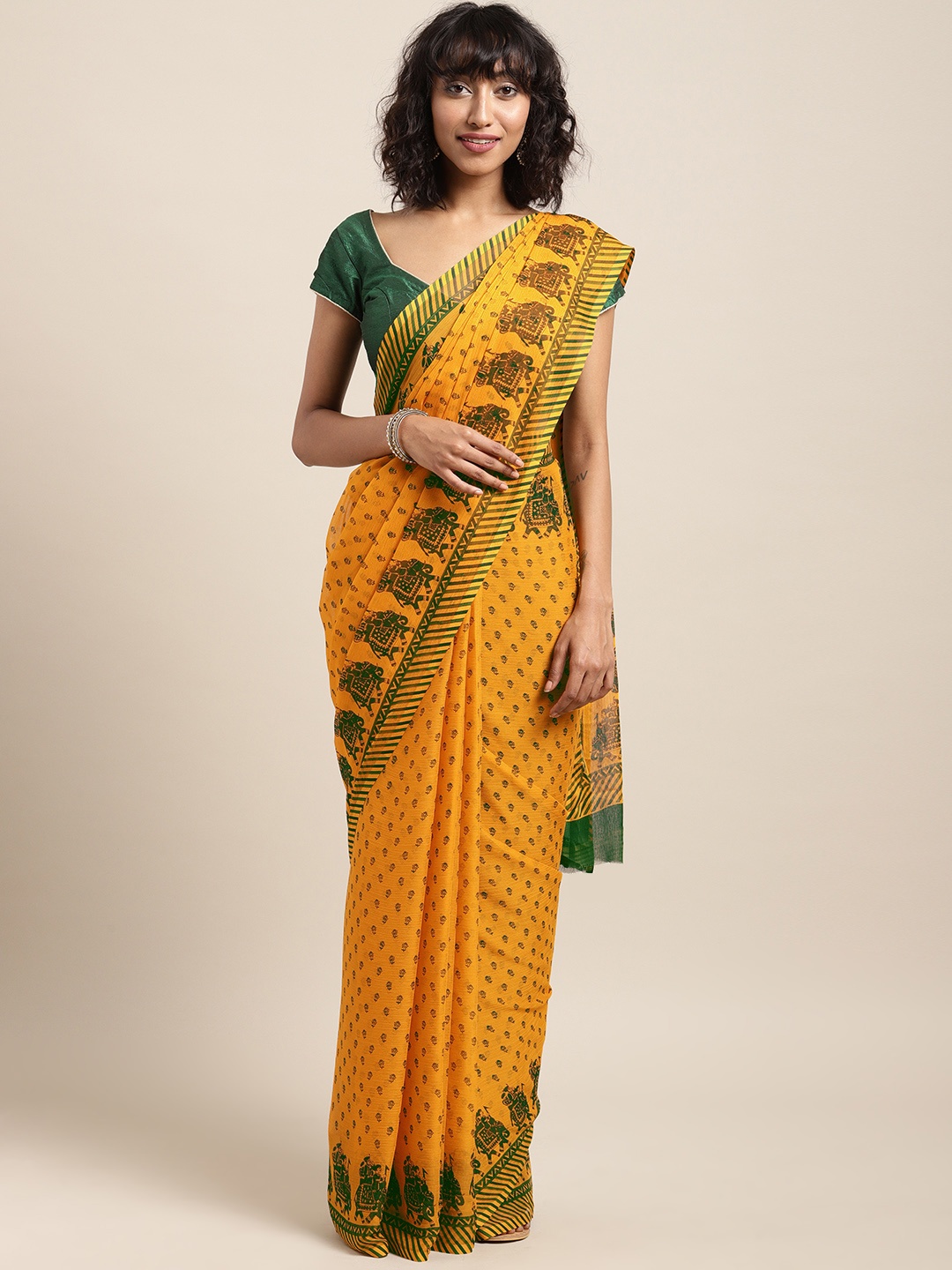 

Satrani Yellow Printed Poly Chiffon Saree