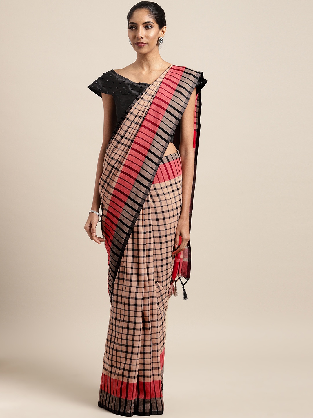 

Satrani Beige & Black Cotton Blend Checked Saree