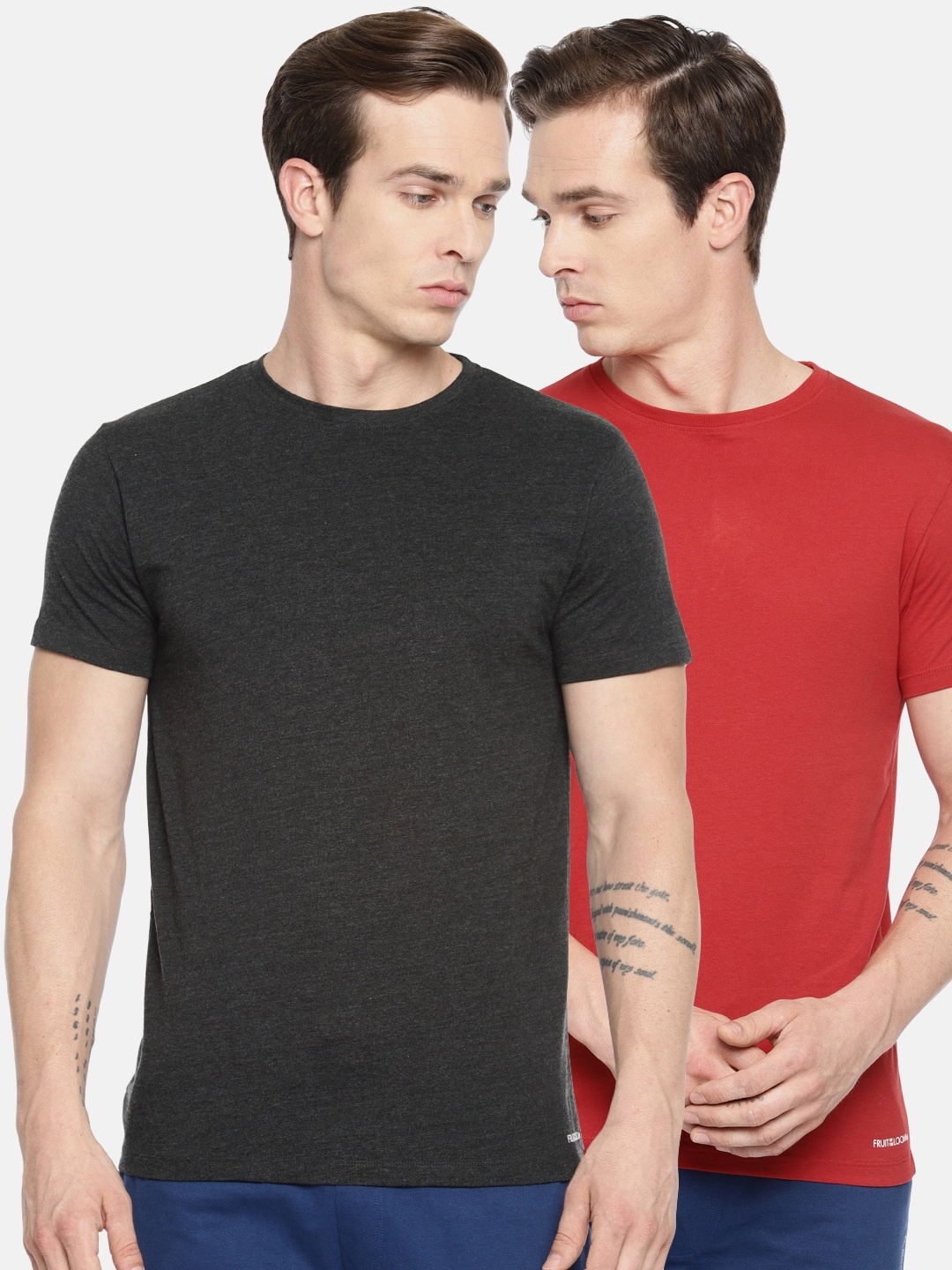 

Fruit of the loom Men Charcoal Grey & Red Solid Round Neck Lounge T-Shirts MCN01-2P-A2S5