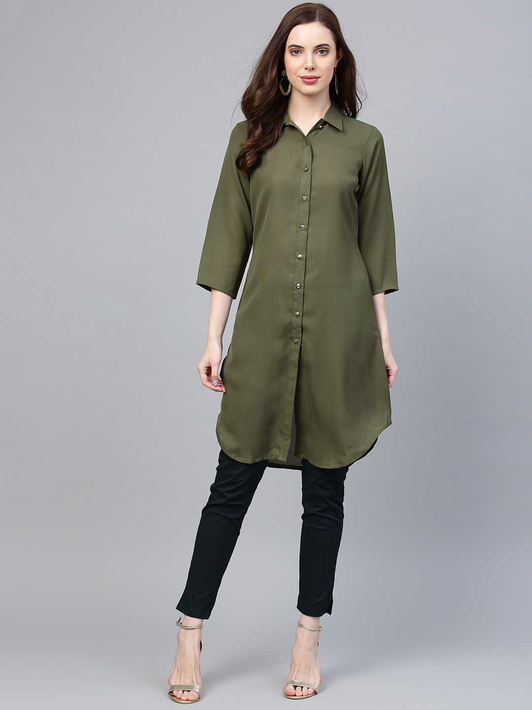 

Jompers Women Olive Green Solid A-Line Kurta