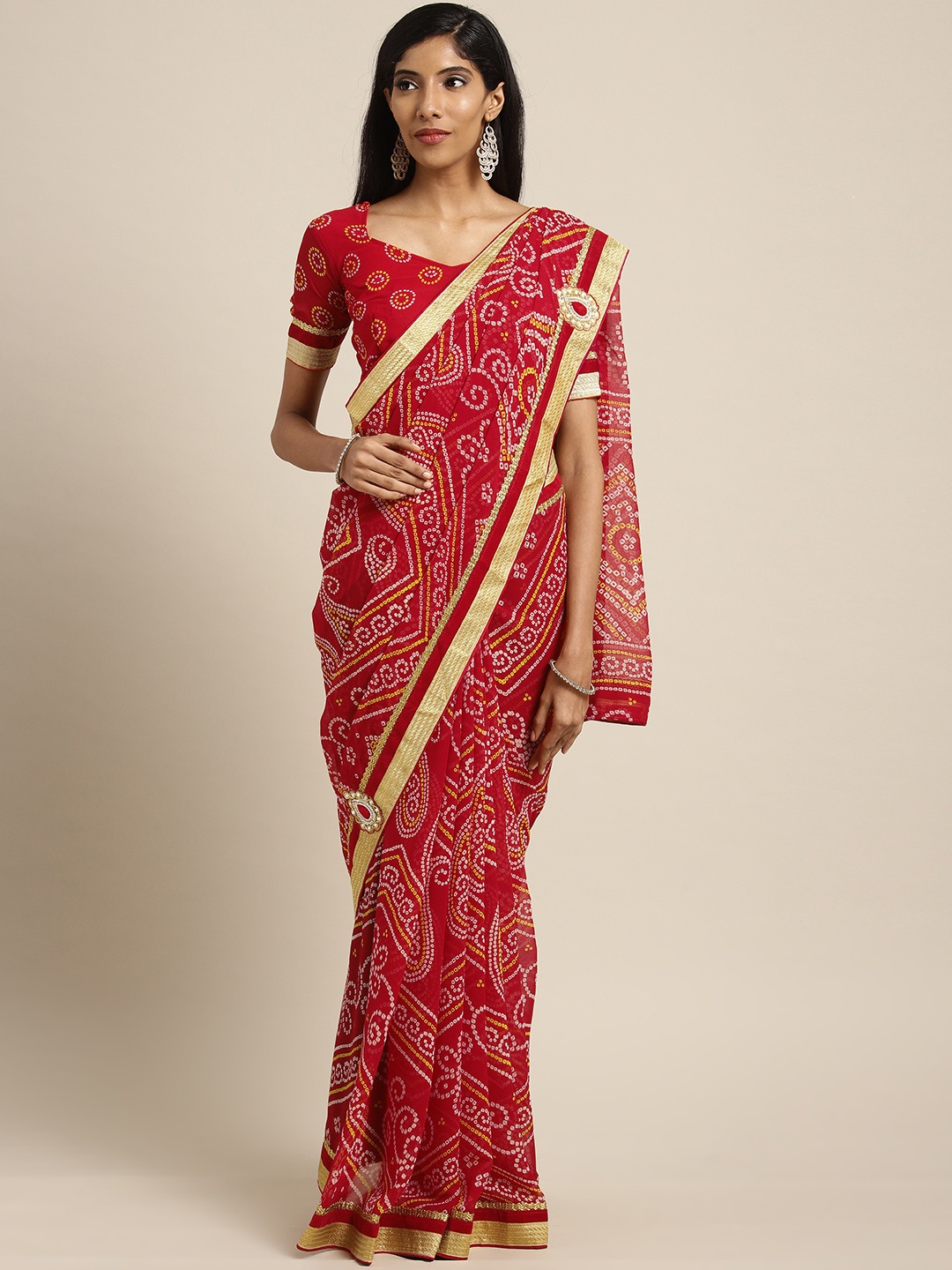 

Mirchi Fashion Red Poly Georgette Printed Bandhani Saree