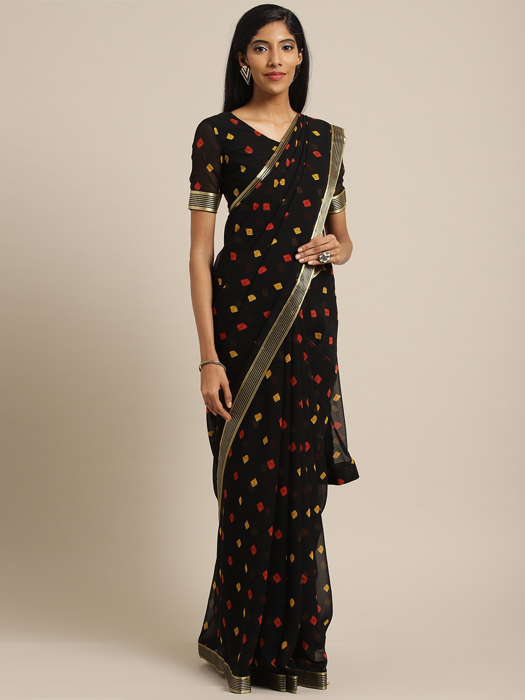 

Mirchi Fashion Black Printed Poly Georgette Saree