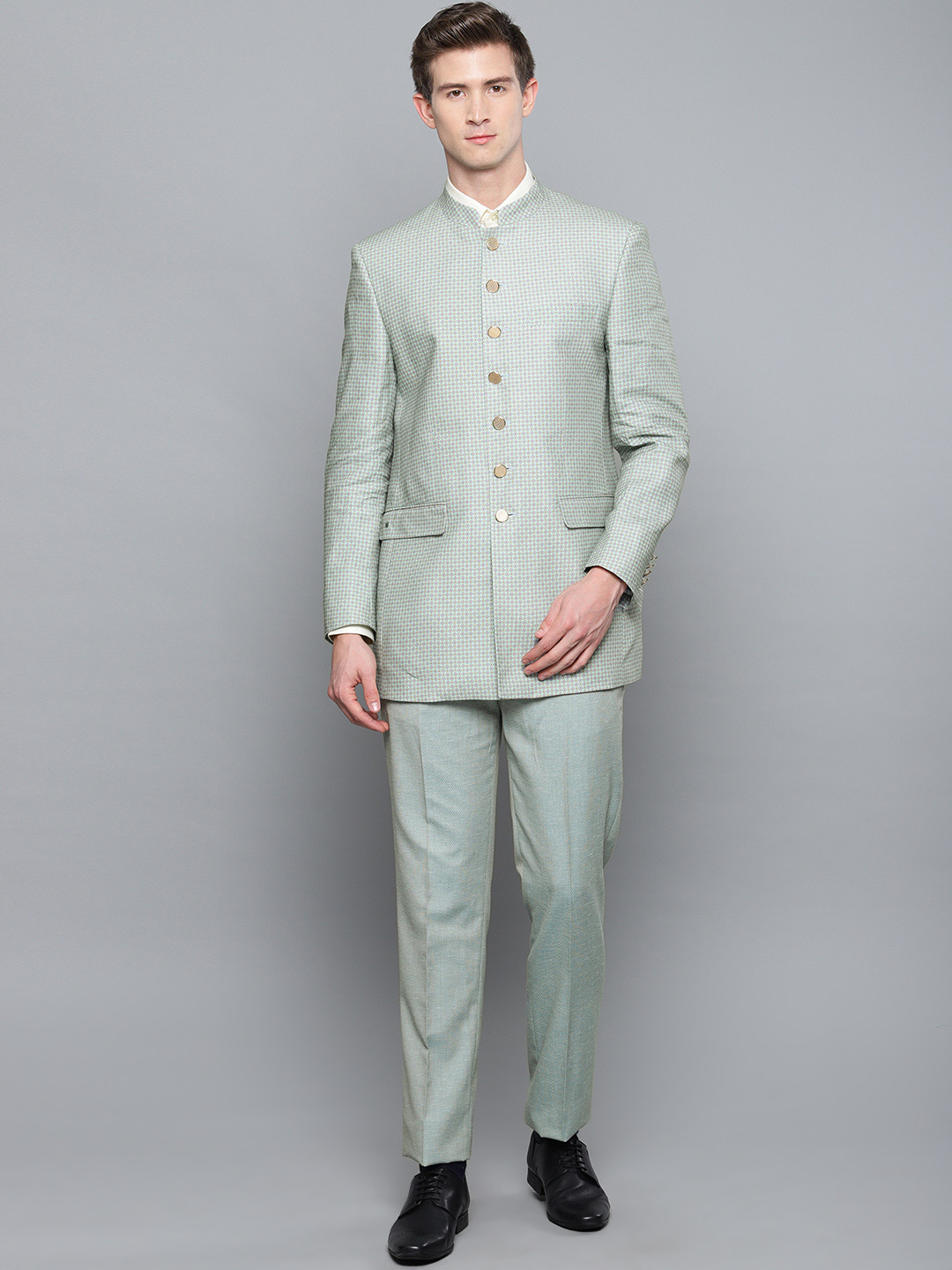 

Louis Philippe Men Green Printed Linen Regular Fit Bandhgala Suit