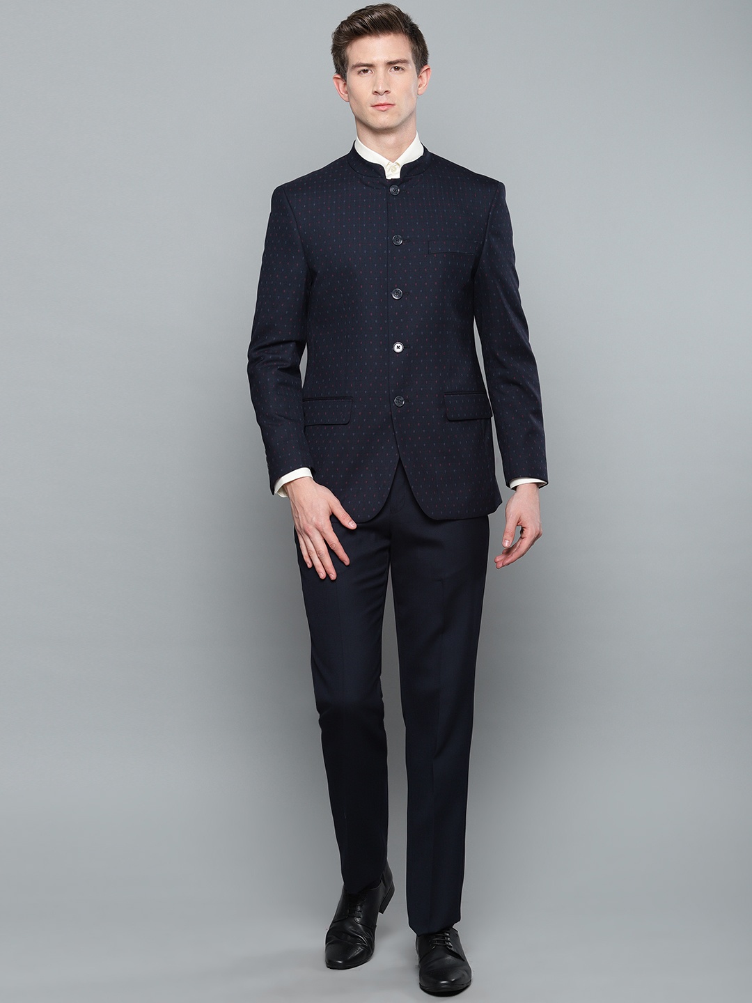 

Louis Philippe Men Navy Blue Self-Design Regular Fit Bandhgala Suit