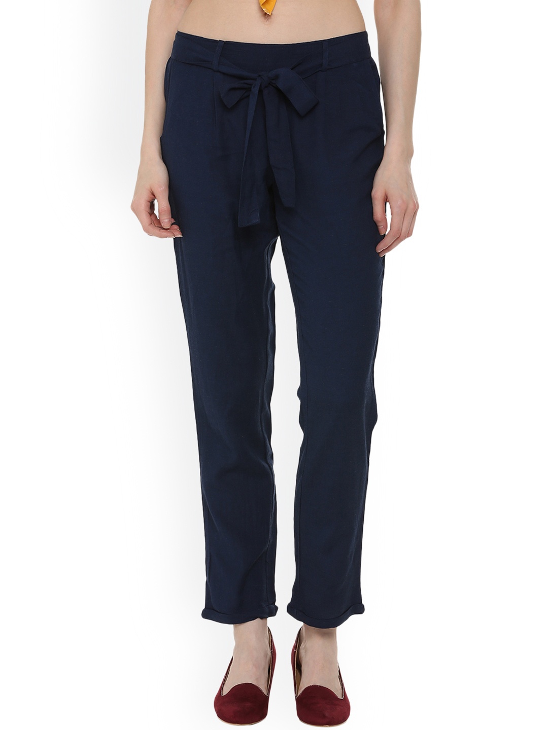 

People Women Navy Blue Regular Fit Solid Regular Trousers