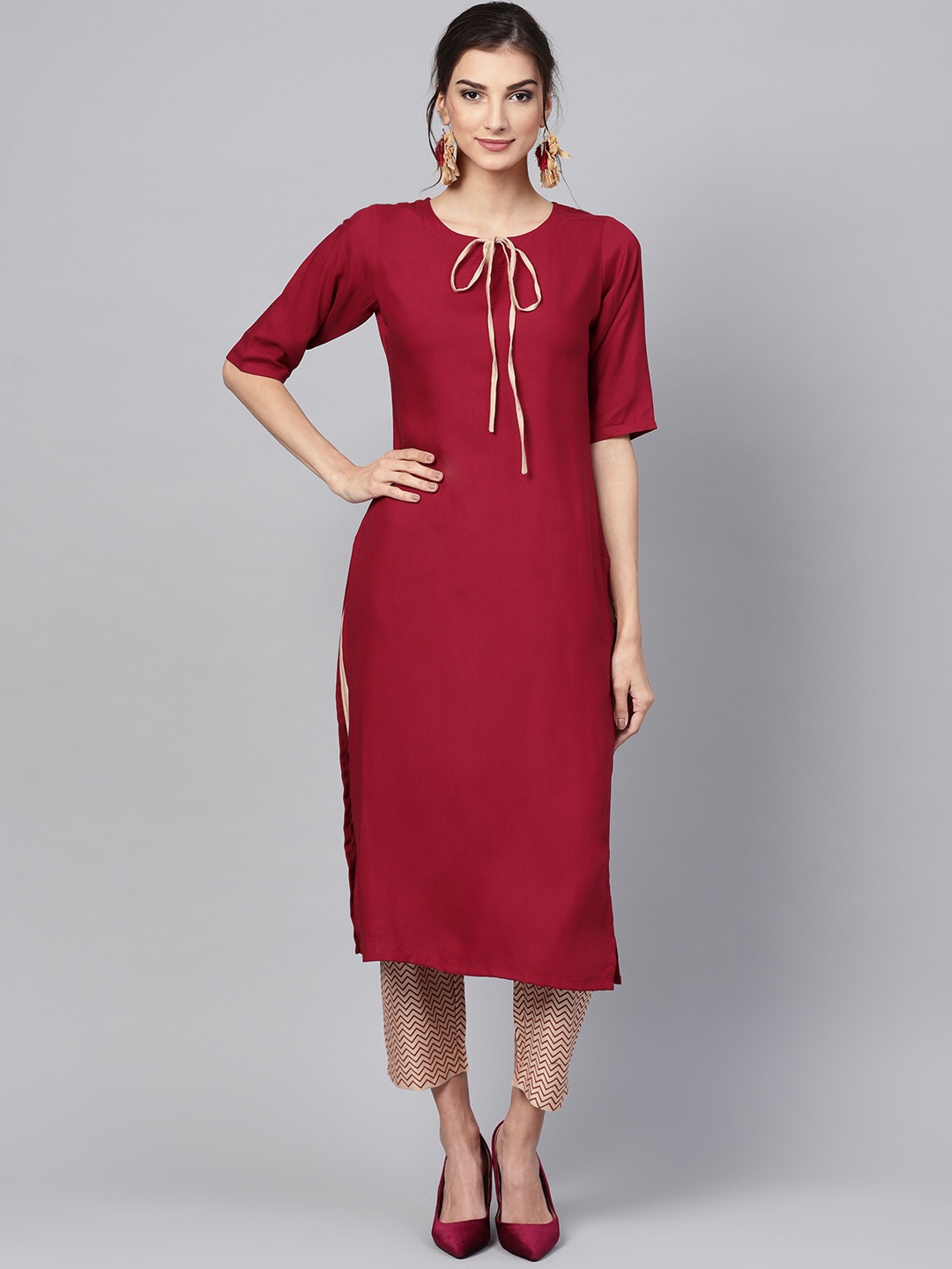 

Gerua By Libas Women Maroon Beige Solid Kurta with Trousers