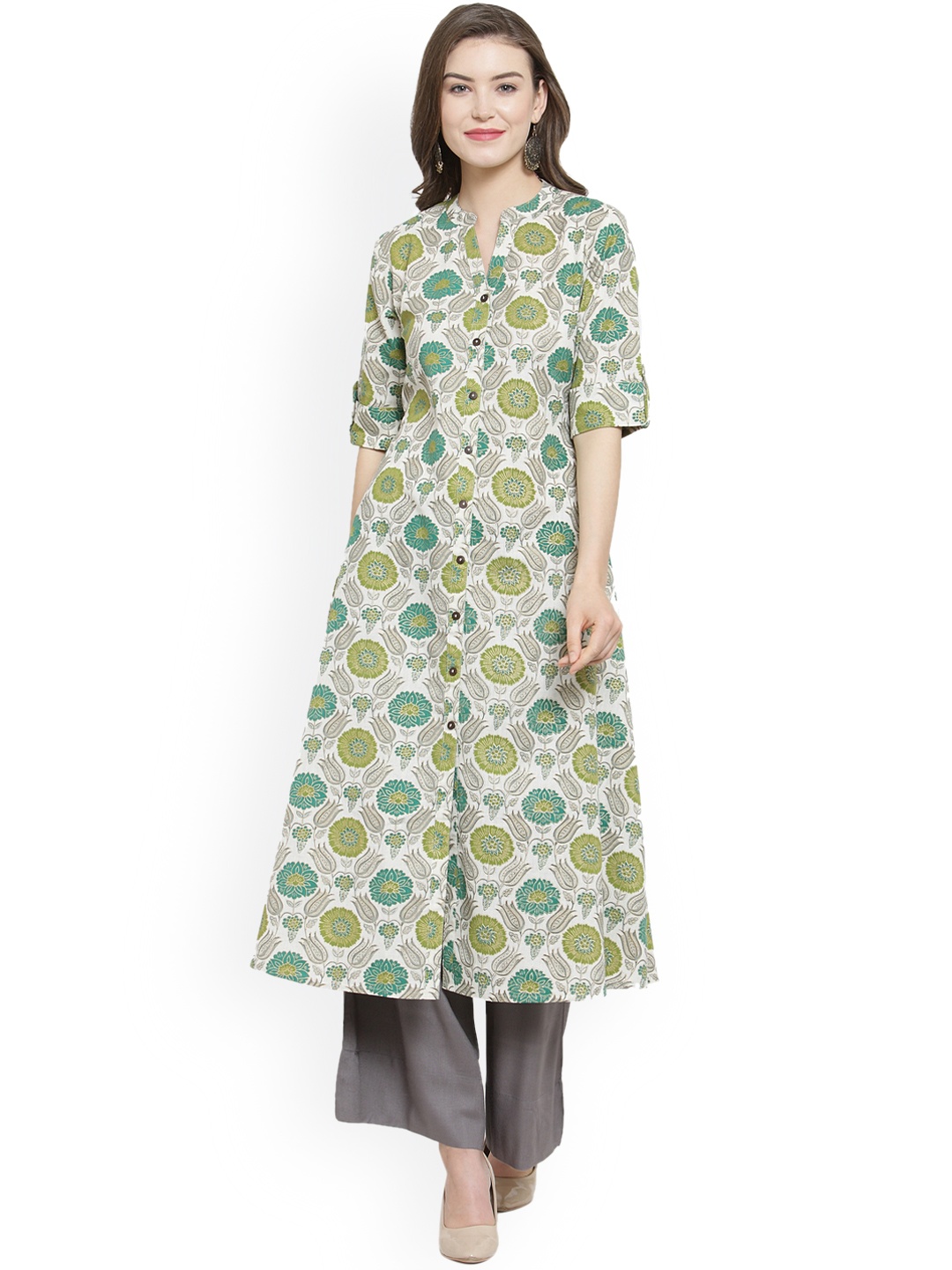 

Varanga Women Green & Grey Printed Kurta with Palazzos