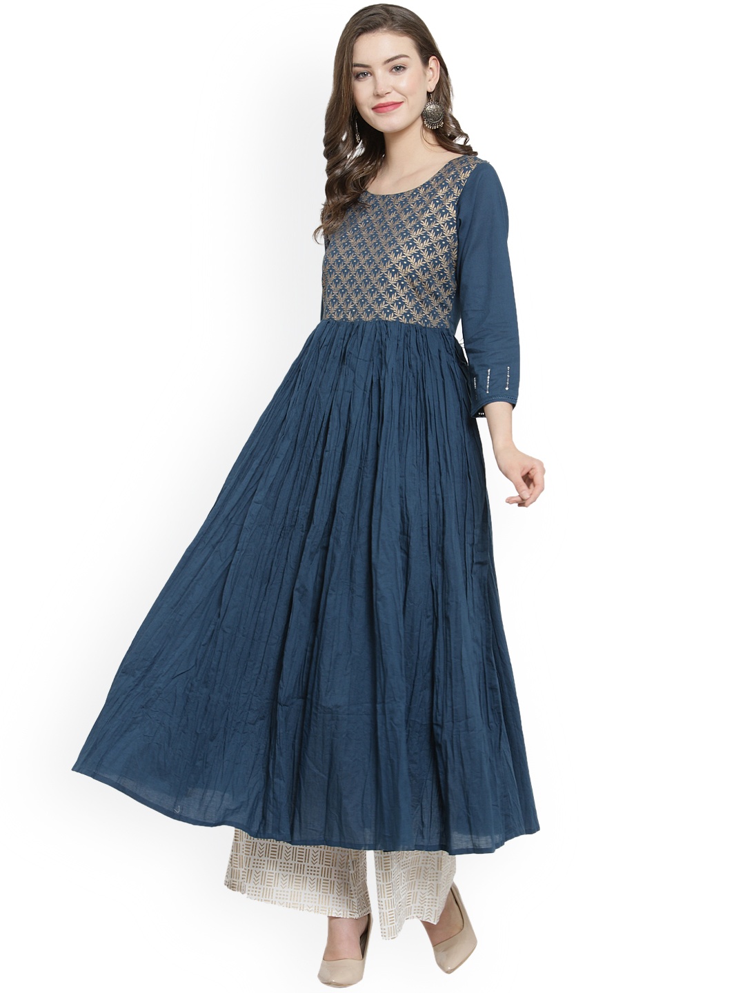 

Varanga Women Teal Blue & White Embroidered Kurta with Palazzos