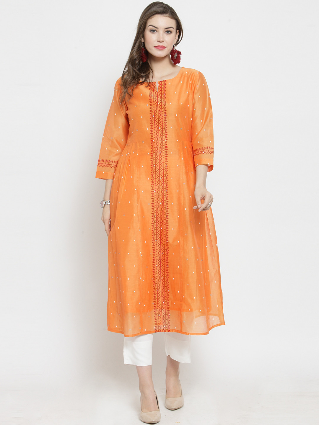 

Varanga Women Orange & White Printed Kurta with Trousers
