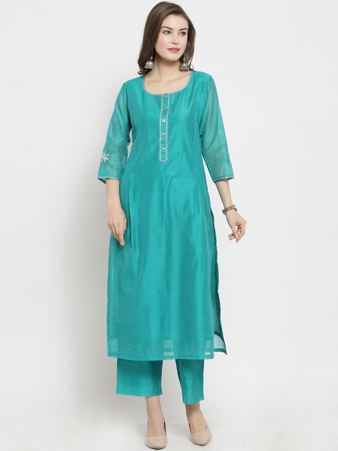 

Varanga Women Turquoise Blue Embroidered Kurta with Trousers