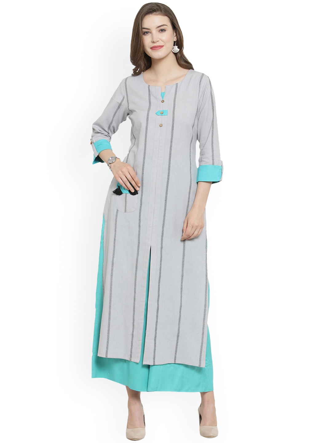 

Varanga Women Grey & Green Striped Kurta with Palazzos