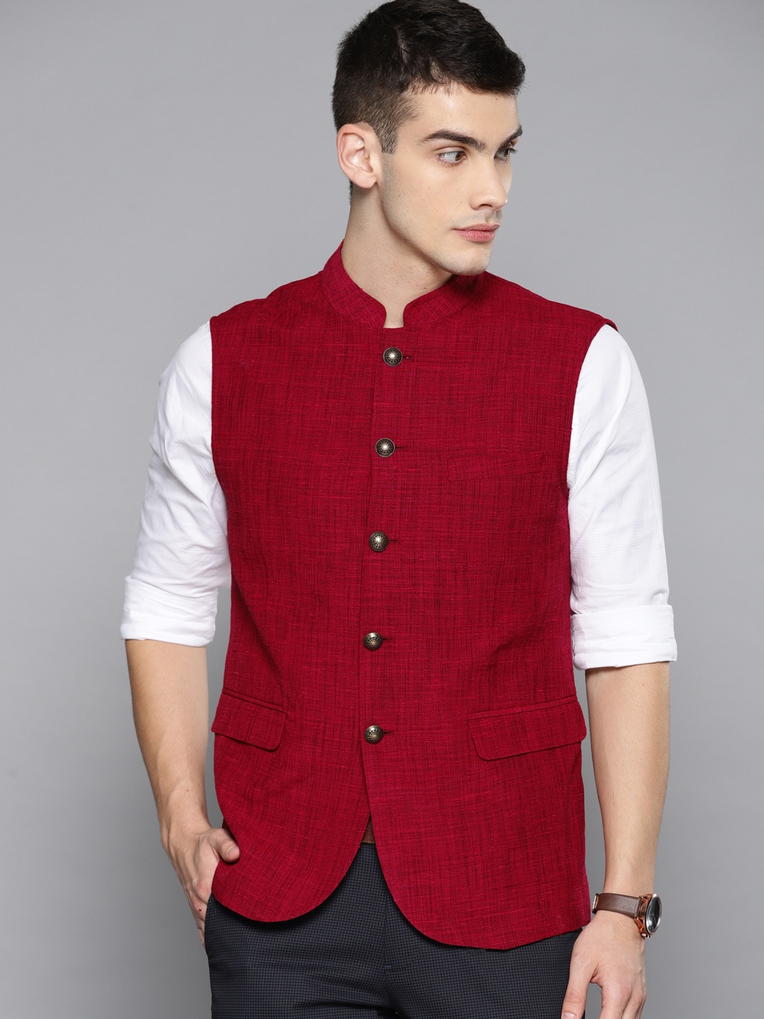 

Louis Philippe Men Red Slim Fit Solid Nehru Jacket