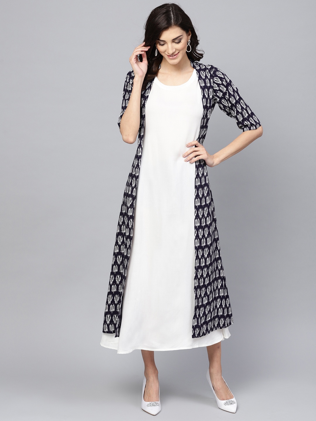 

GERUA Women White & Navy Blue Layered Solid A-Line Dress