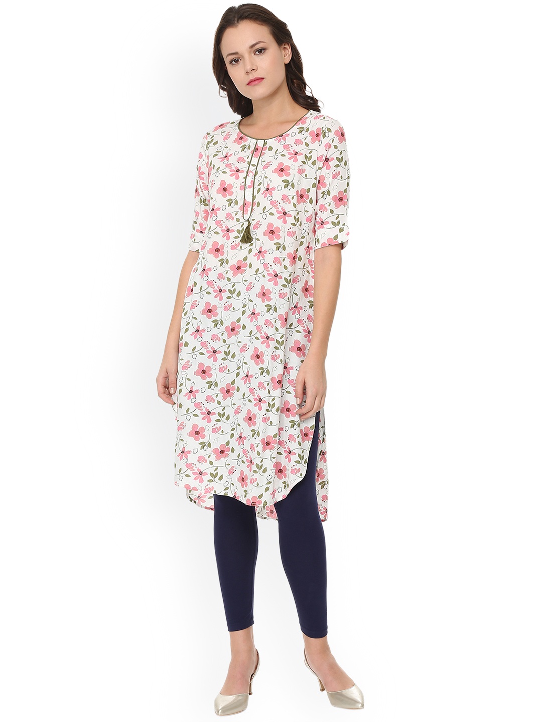 

People Women White Printed Straight Kurta
