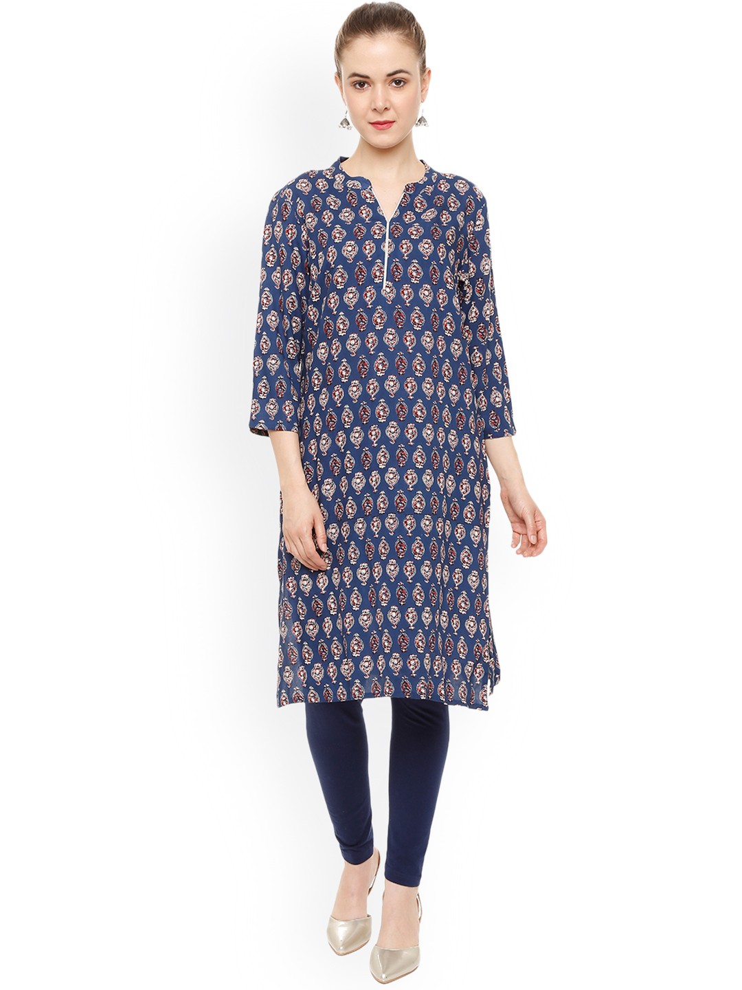 

People Women Blue Printed Straight Kurta