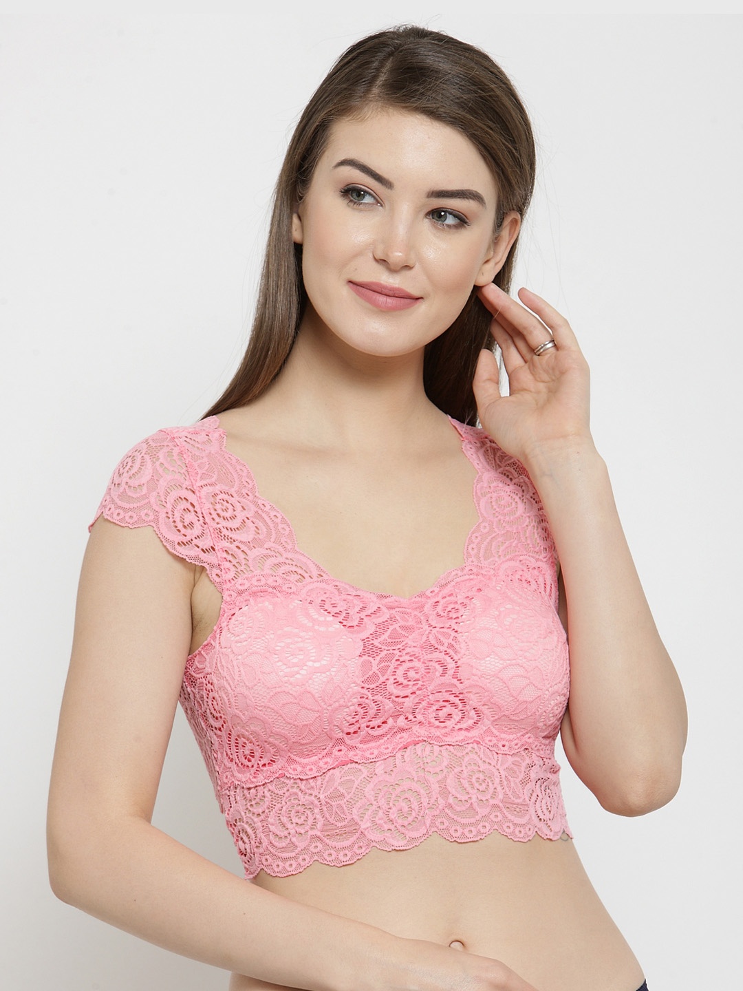 

Secret Wish Pink Solid Non-Wired Lacy Lightly Padded Bralette Bra 1332