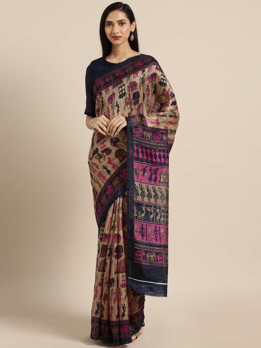 

Rajnandini Beige & Blue Printed Bhagalpuri Saree