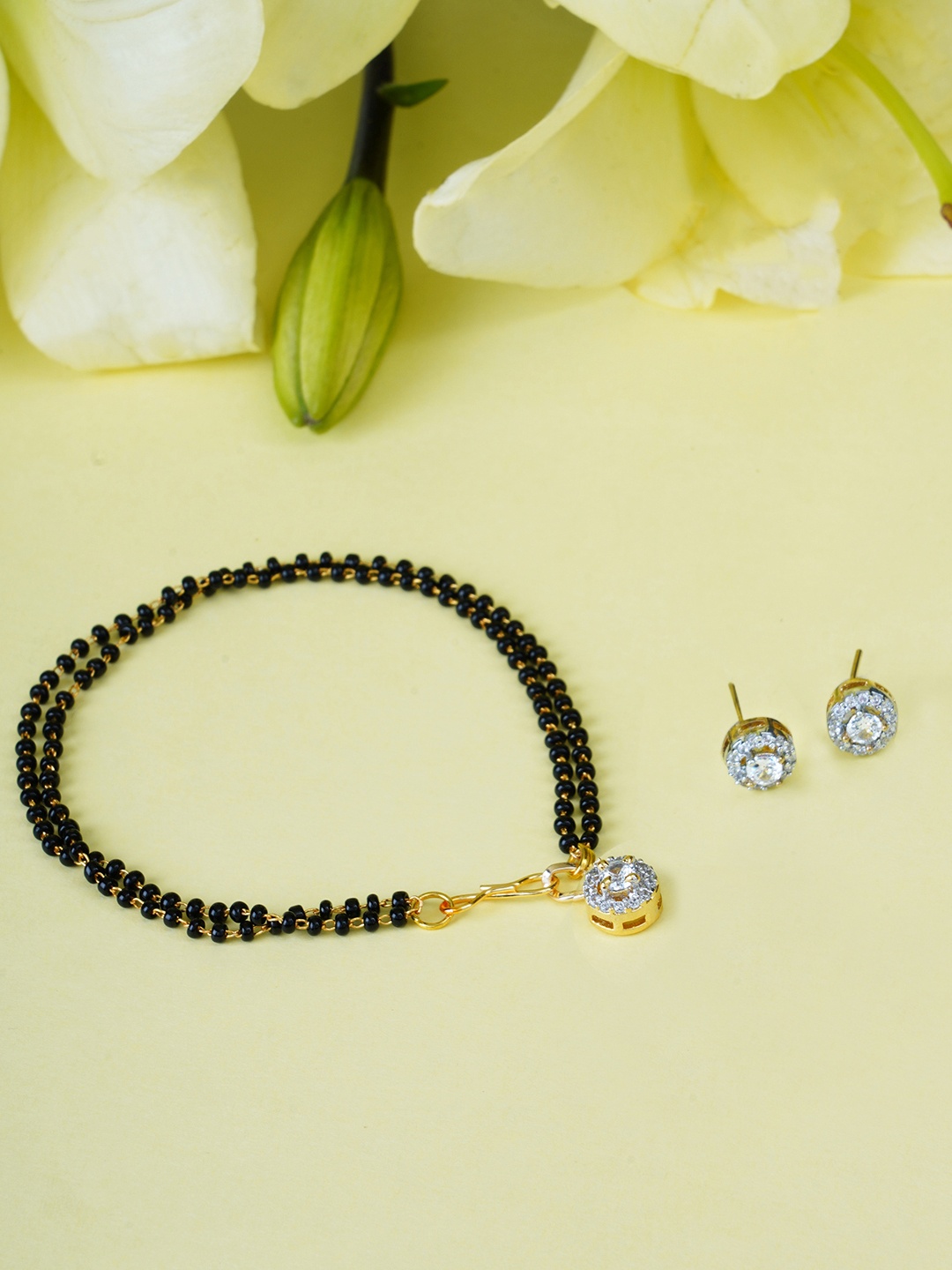 

FIROZA Black Gold-Plated American Diamond Mangalsutra Bracelet With Earring