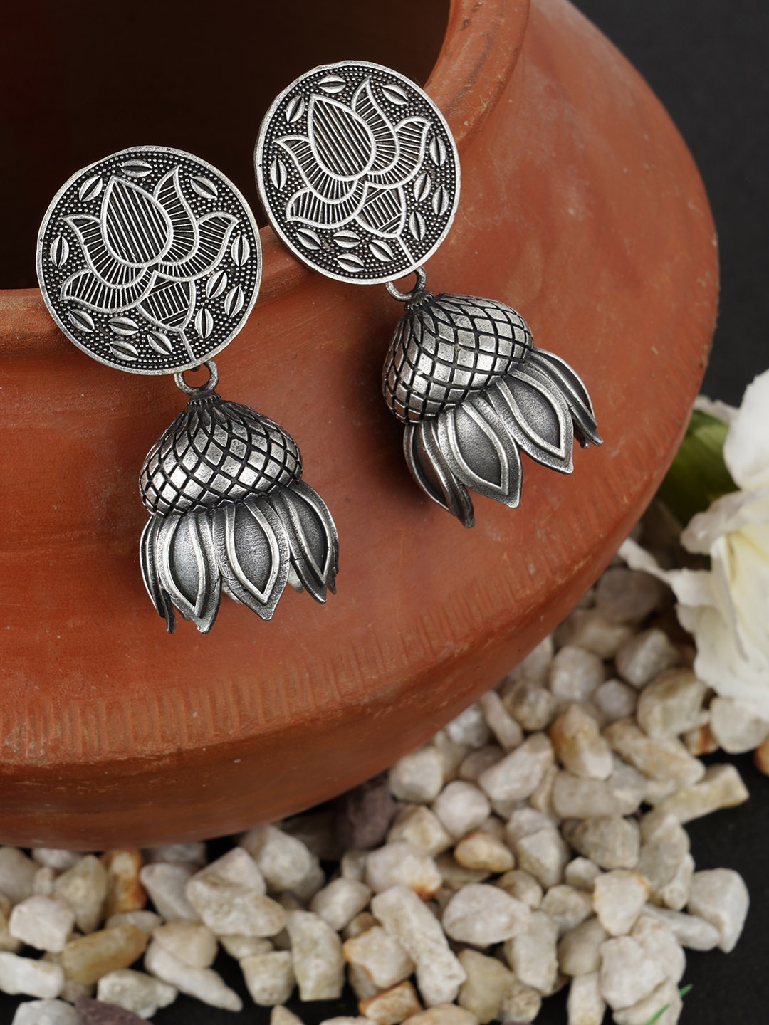 

FIROZA Oxidised Silver-Toned Textured Classic Jhumkas