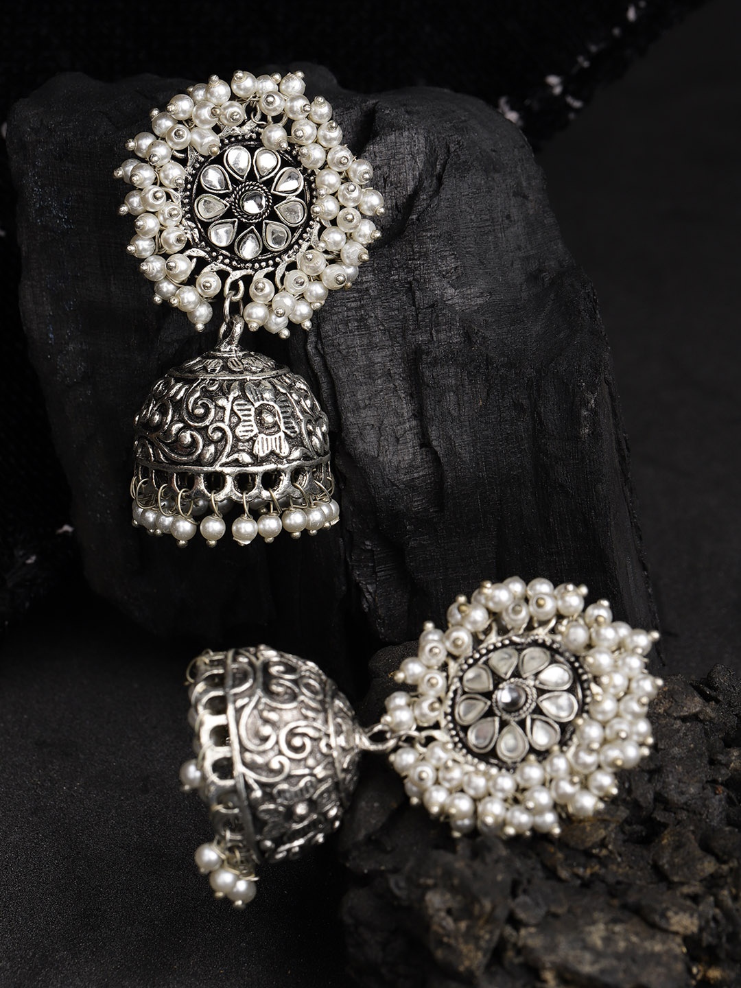 

FIROZA Silver-Toned Handcrafted Stone-Studded Oxidised Dome Shaped Jhumkas