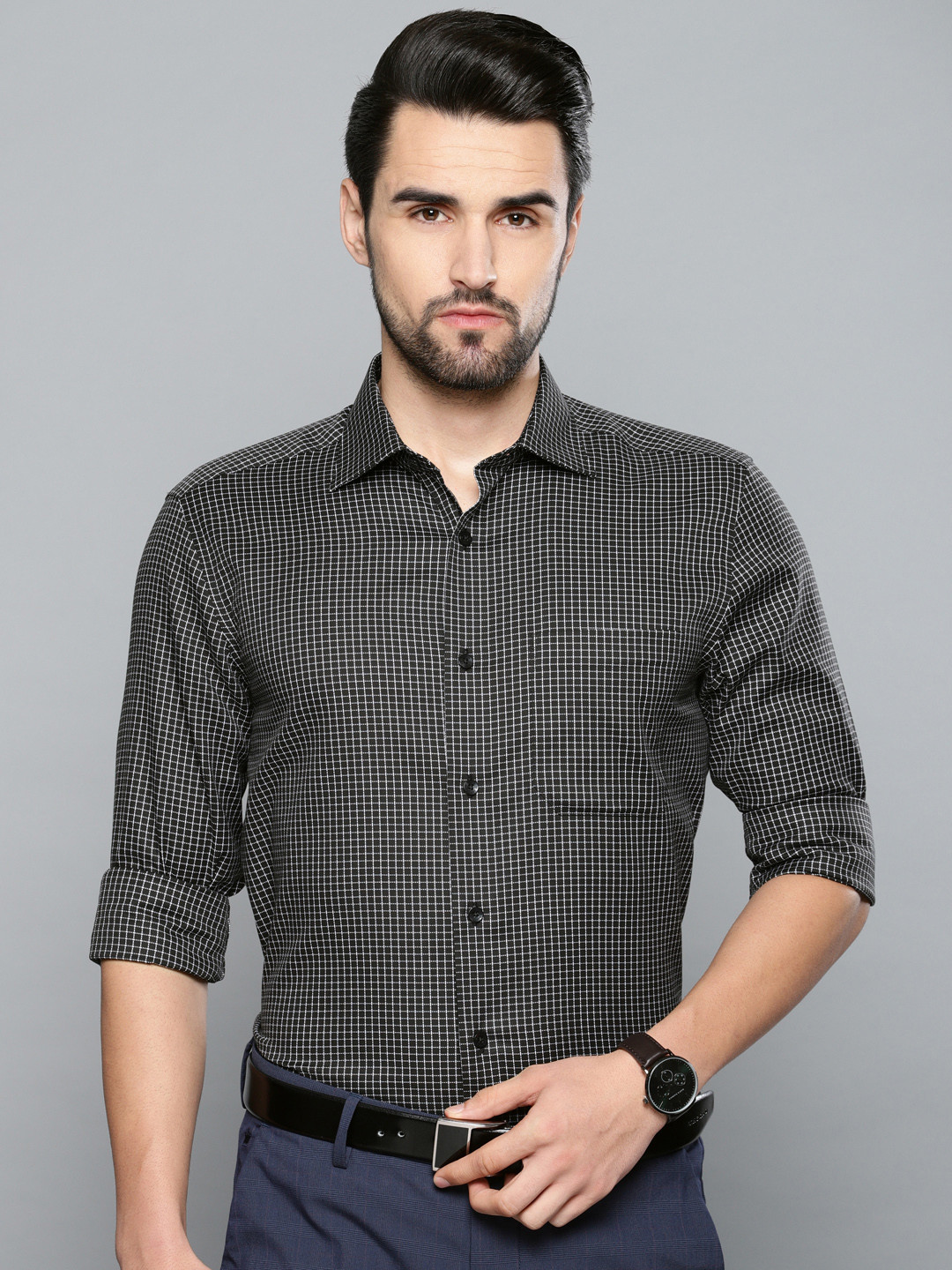 

Louis Philippe Men Black & White Classic Regular Fit Checked Permapress finest wrinkle free Formal Shirt