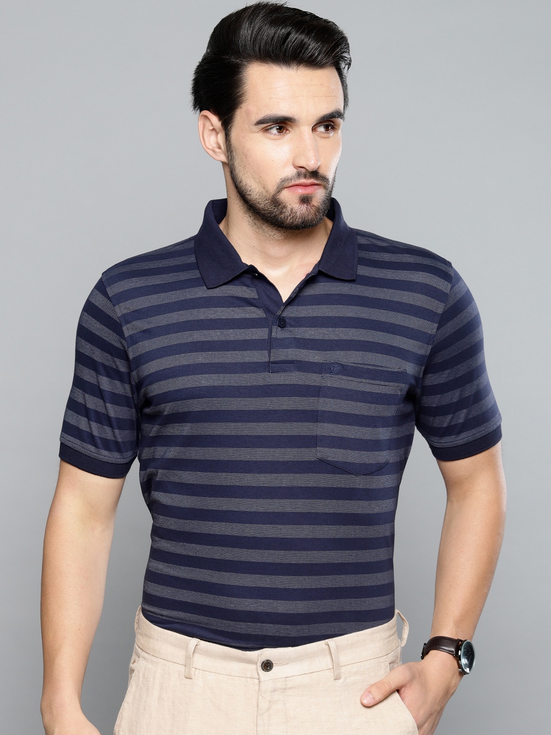 

Louis Philippe Men Navy Blue Striped Polo Collar T-shirt