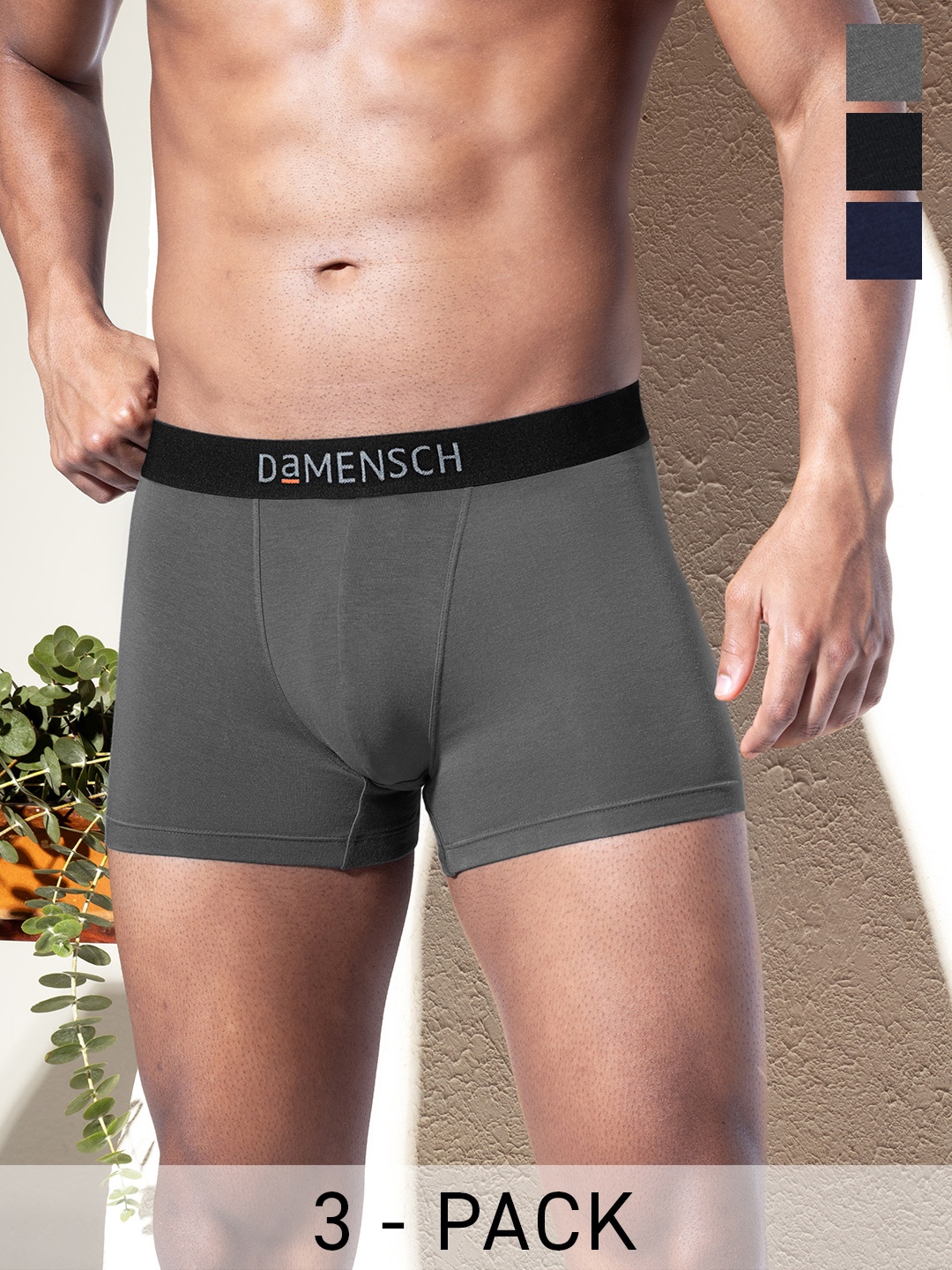 

DaMENSCH Pack of 3 DEO-SOFT Solid Premium Egyptian Cotton-Modal Blend Trunk, Grey