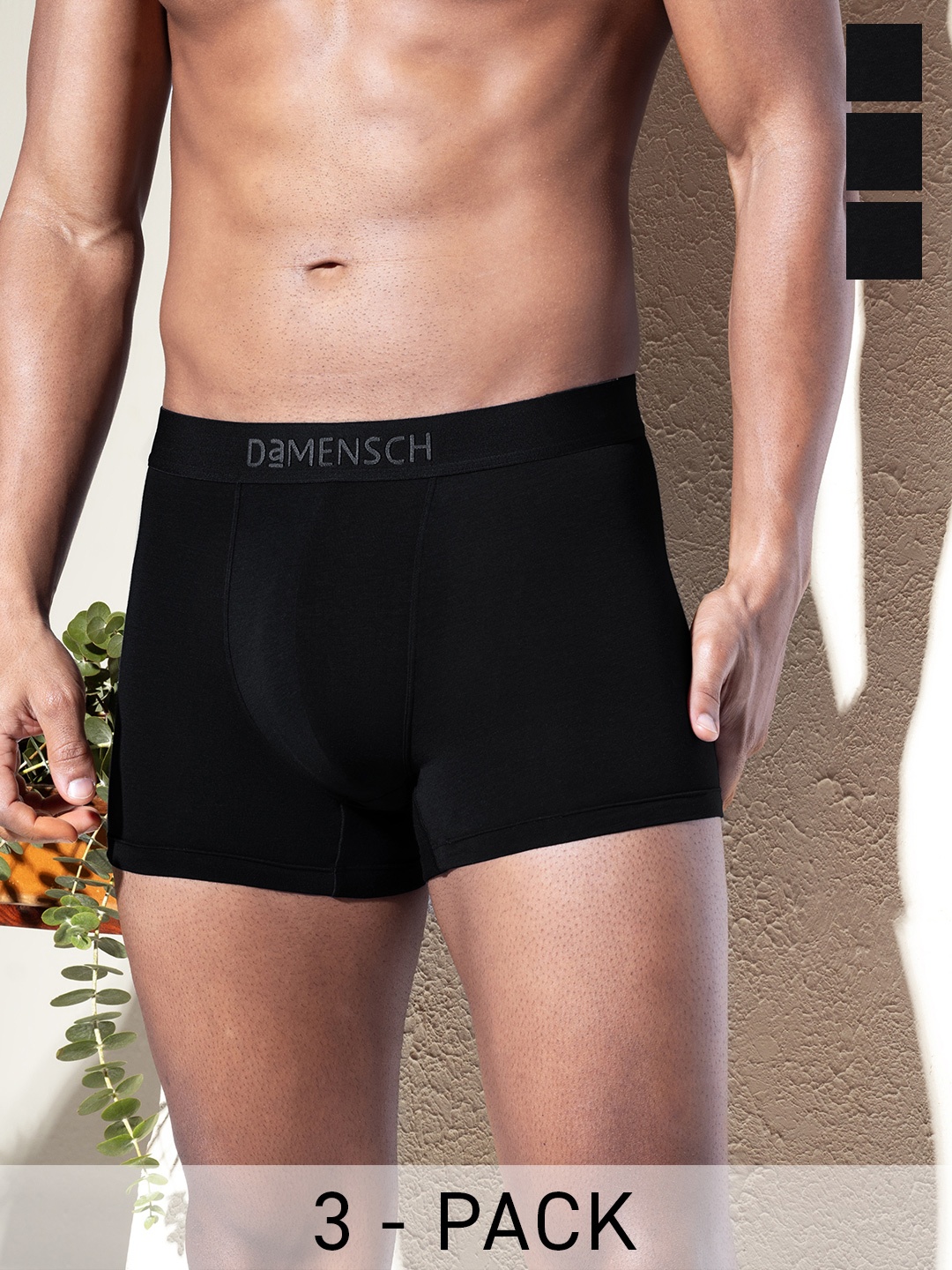 

DaMENSCH Pack of 3 DEO-SOFT Solid Premium Egyptian Cotton-Modal Blend Trunk, Black