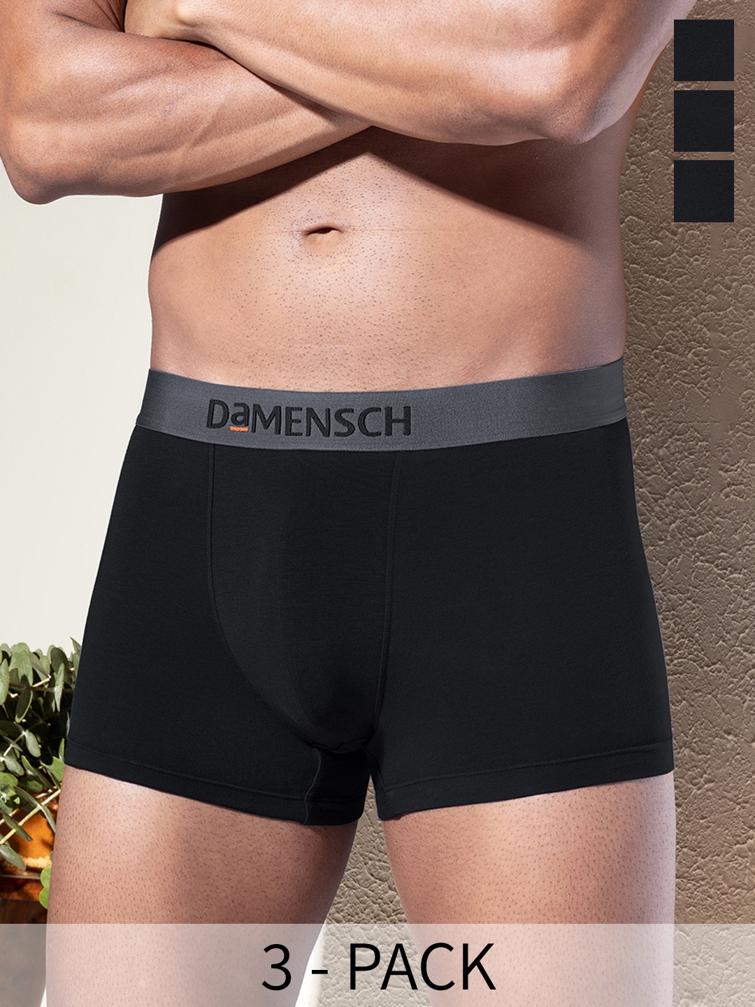 

DaMENSCH Pack of 3 DEO-SOFT Solid Premium Egyptian Cotton-Modal Blend Trunk, Black