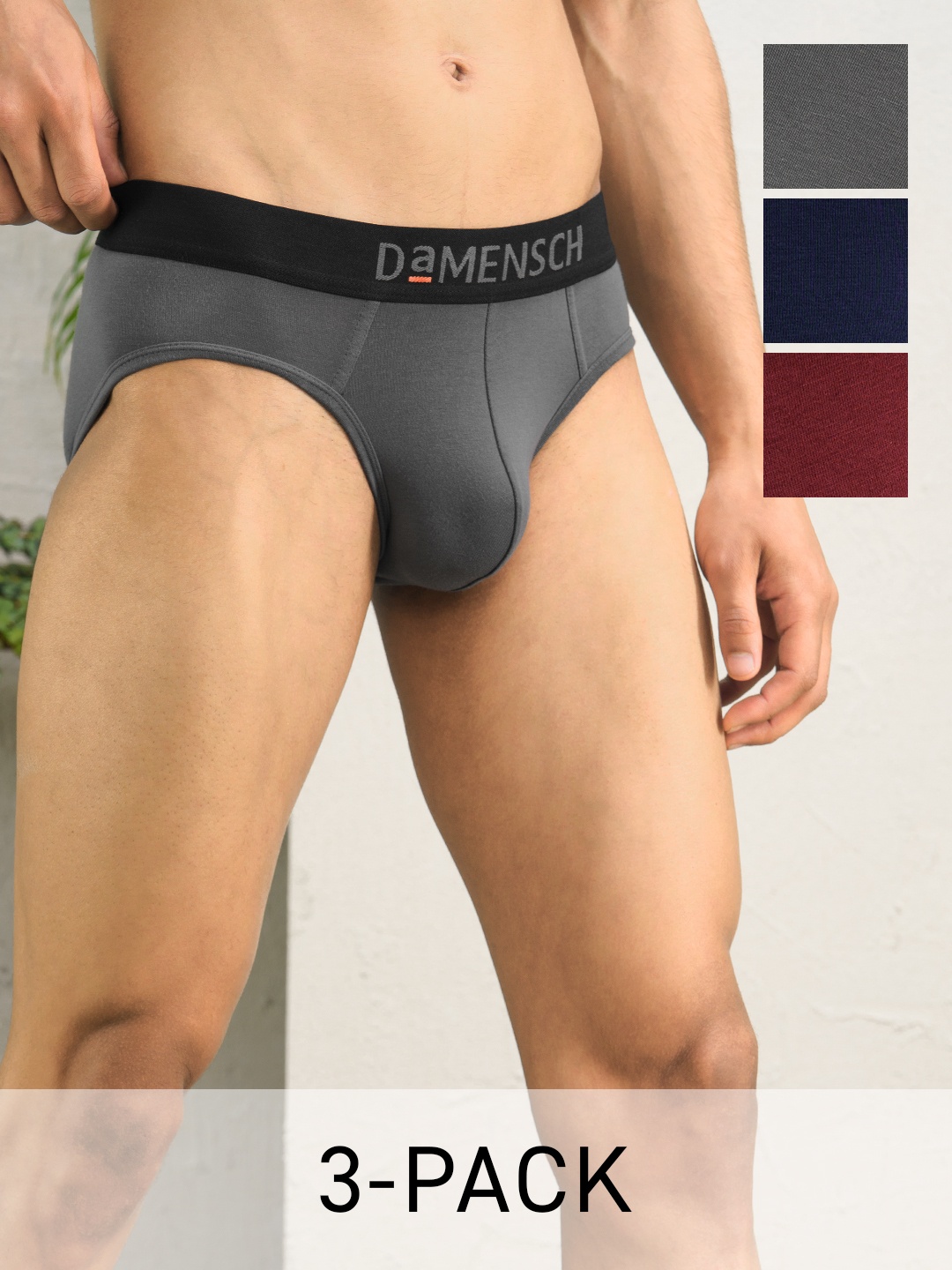 

DaMENSCH Pack of 3 DEO-SOFT Solid Premium Egyptian Cotton-Modal Blend Briefs, Black