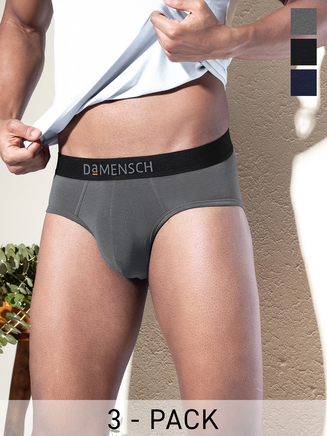 

DaMENSCH Pack of 3 DEO-SOFT Solid Premium Egyptian Cotton-Modal Blend Briefs, Grey