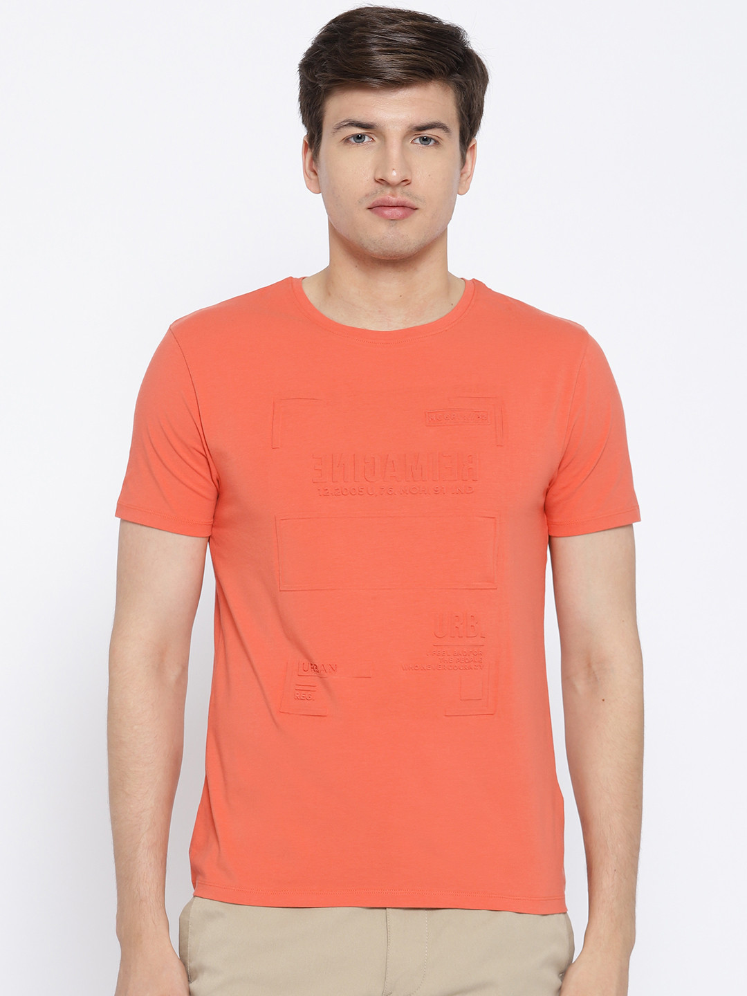

Blackberrys Men Coral Orange Embossed Print Round Neck T-shirt