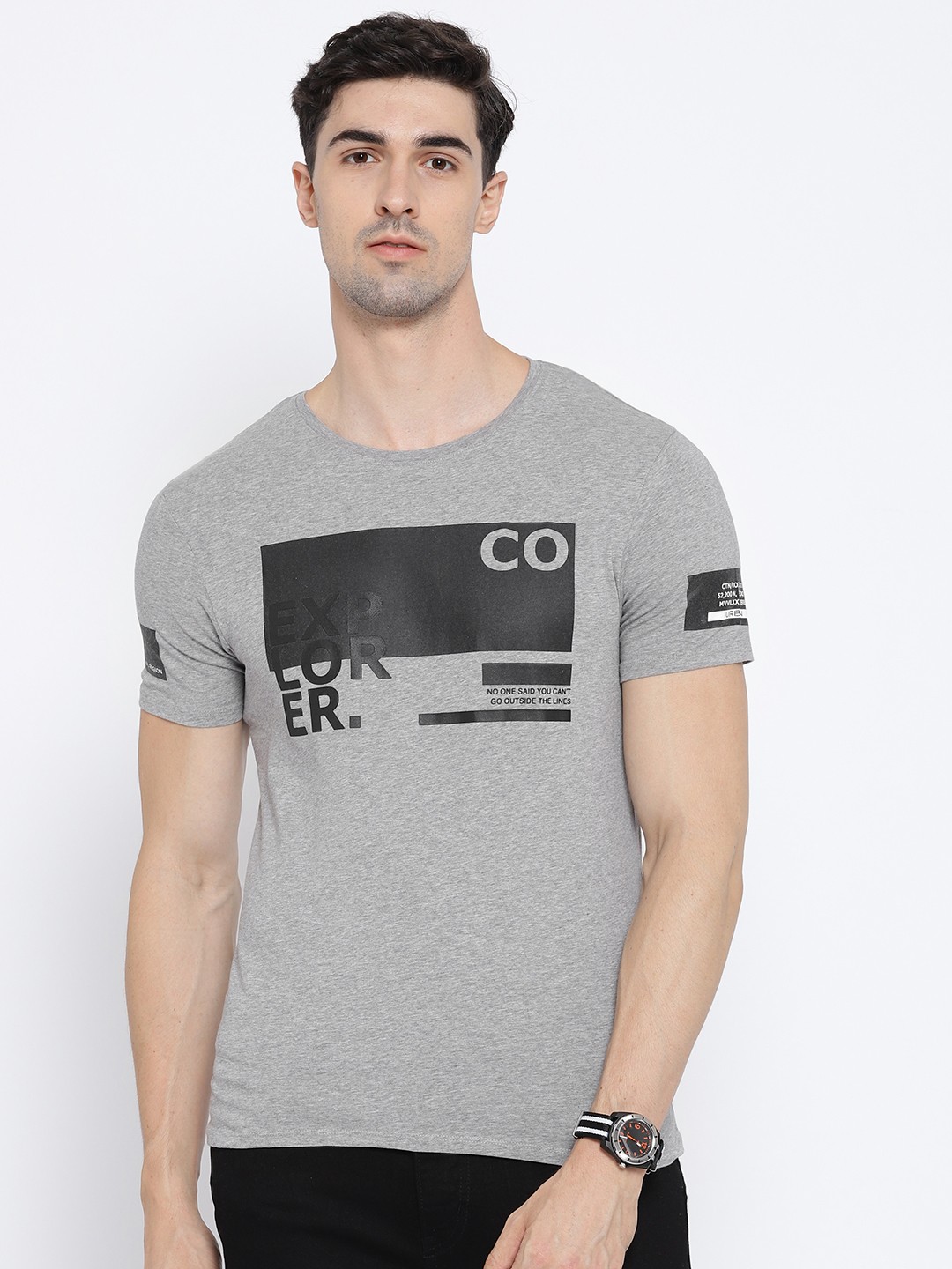

Blackberrys Men Grey Melange Printed Round Neck T-shirt