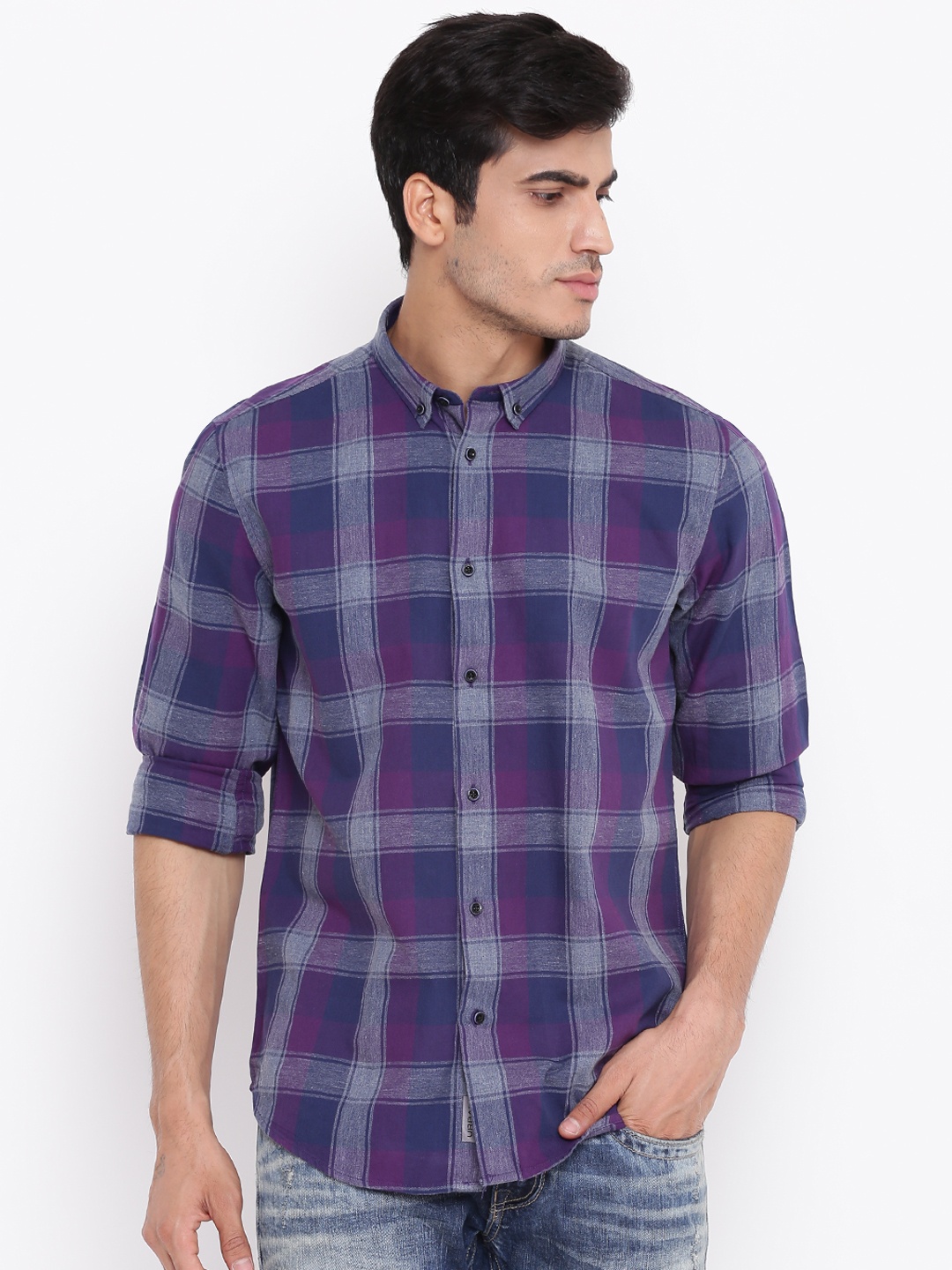 

Blackberrys Men Navy Blue & Purple Slim Fit Checked Casual Shirt