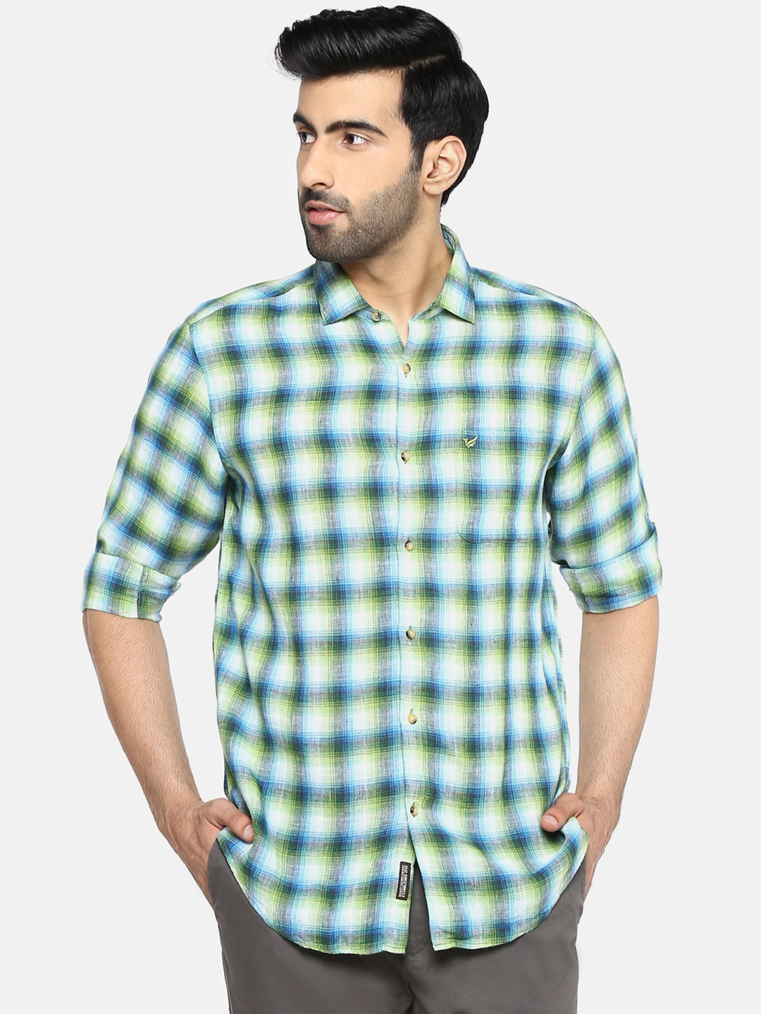 

Blackberrys Men Green & Blue Linen Smart Regular Fit Checked Casual Shirt