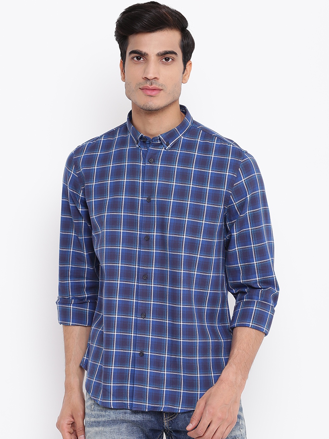 

Blackberrys Men Blue & White Slim Fit Checked Casual Shirt